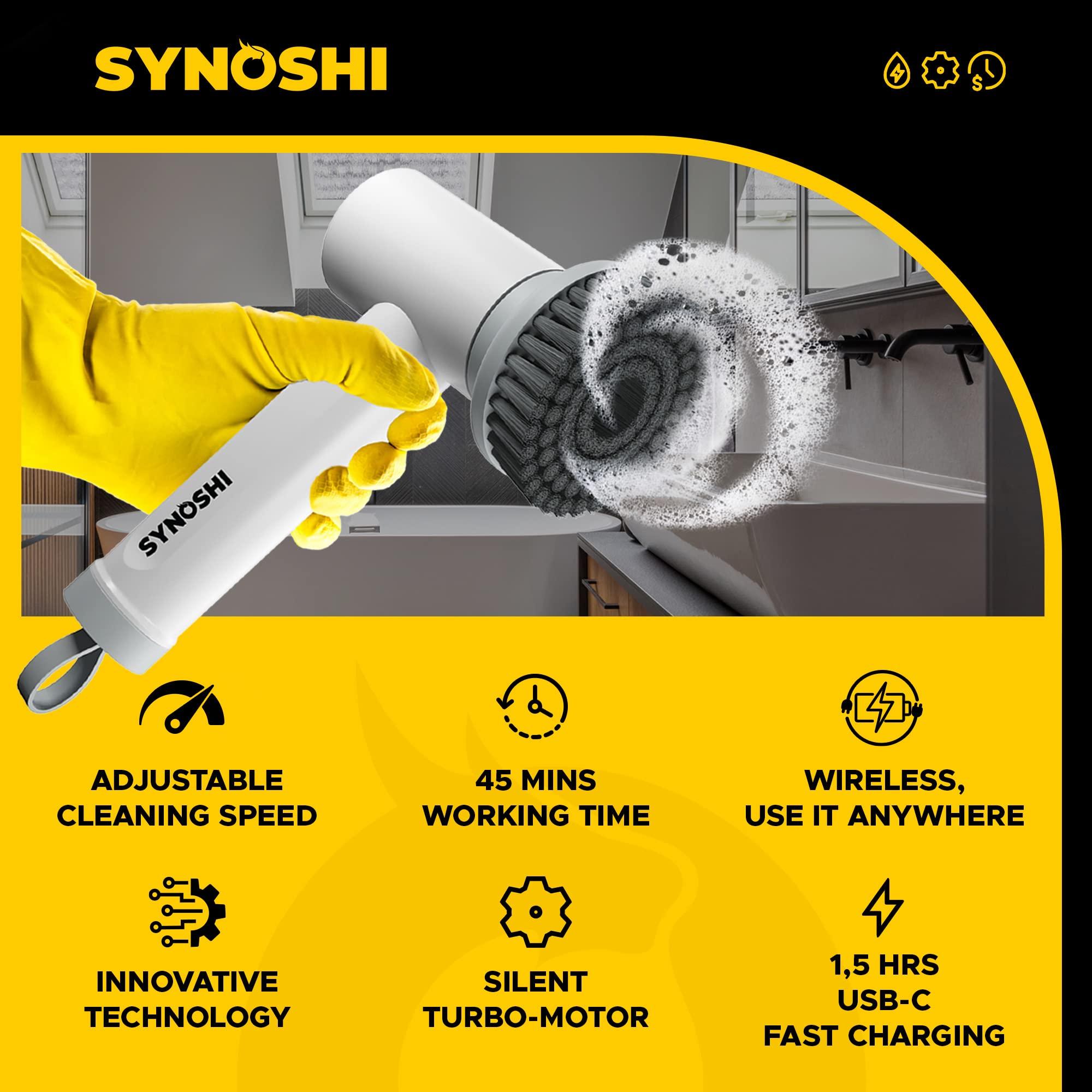 SYNOSHI SYNOSHI | Electric Spin Scrubber with 3 Replaceable Cleaning Head + 6 Units of Sponge Brush Heads, Power Cleaning Brush, Cordless Waterproof Scrubber with Dual Speed