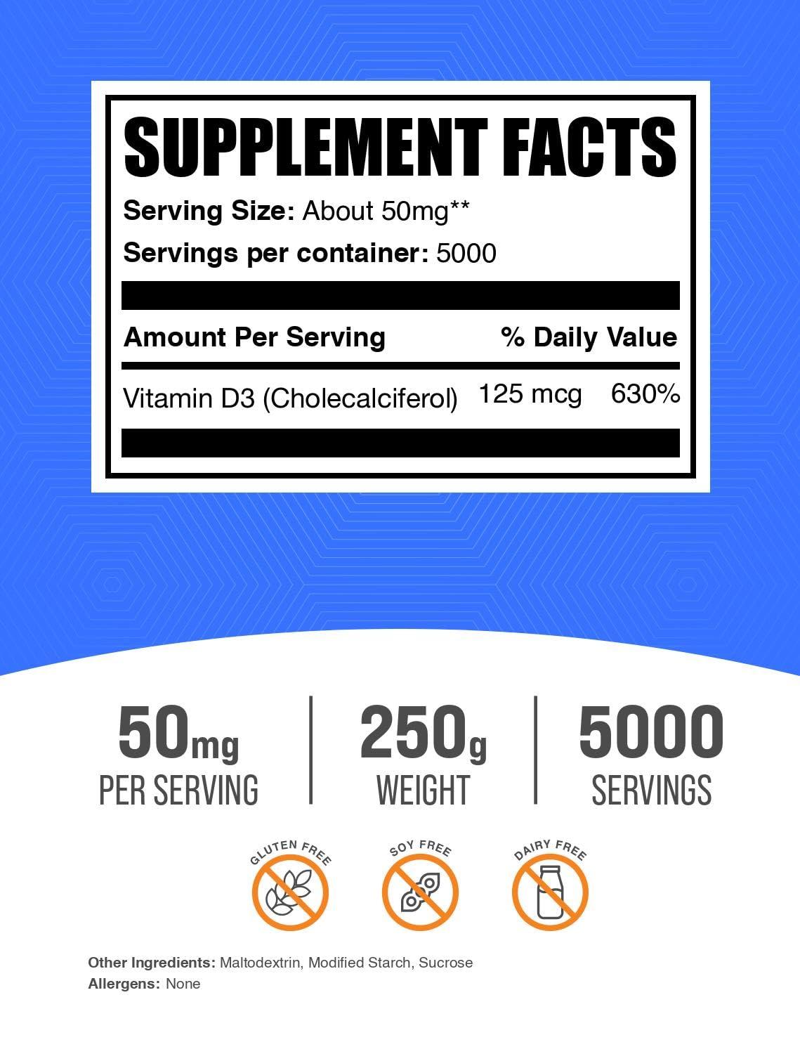 BULKSUPPLEMENTS.COM BulkSupplements.com Vitamin D3 Powder - Cholecalciferol, Vitamin D Supplements, Vitamin D3 5000 IU - Gluten Free, 50mg (125mcg of Vitamin D3) per Serving, 250g (8.8 oz) (Pack of 1)