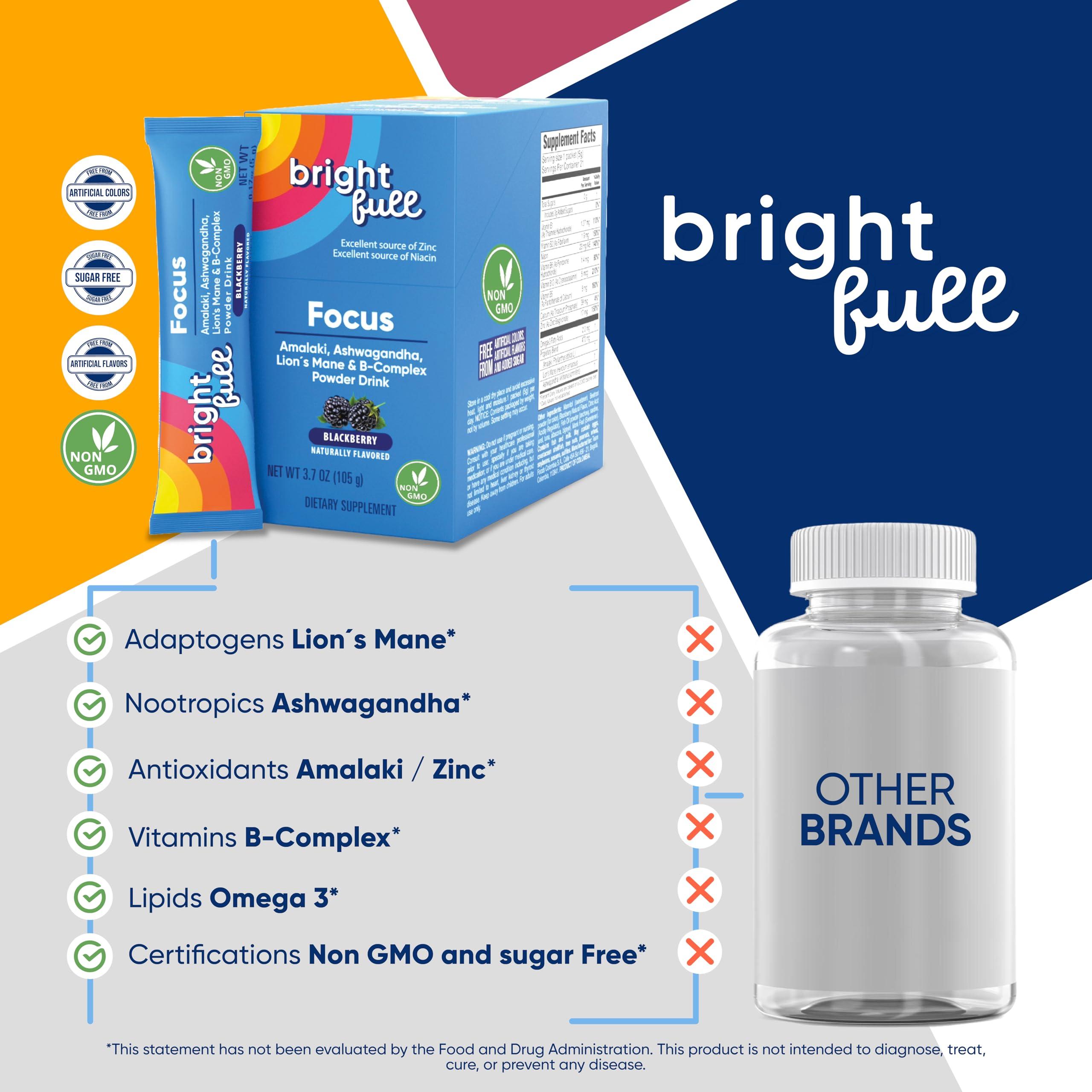 BRIGHTFULL BRIGHTFULL Focus Sugar Free Dietary Supplement Drink Mix with Ashwagandha, Lions Mane, B Vitamins B1 B2 B3 B5 B6 B12, for Cognitive Performance & Clarity BlackBerry, 21 Day Supply
