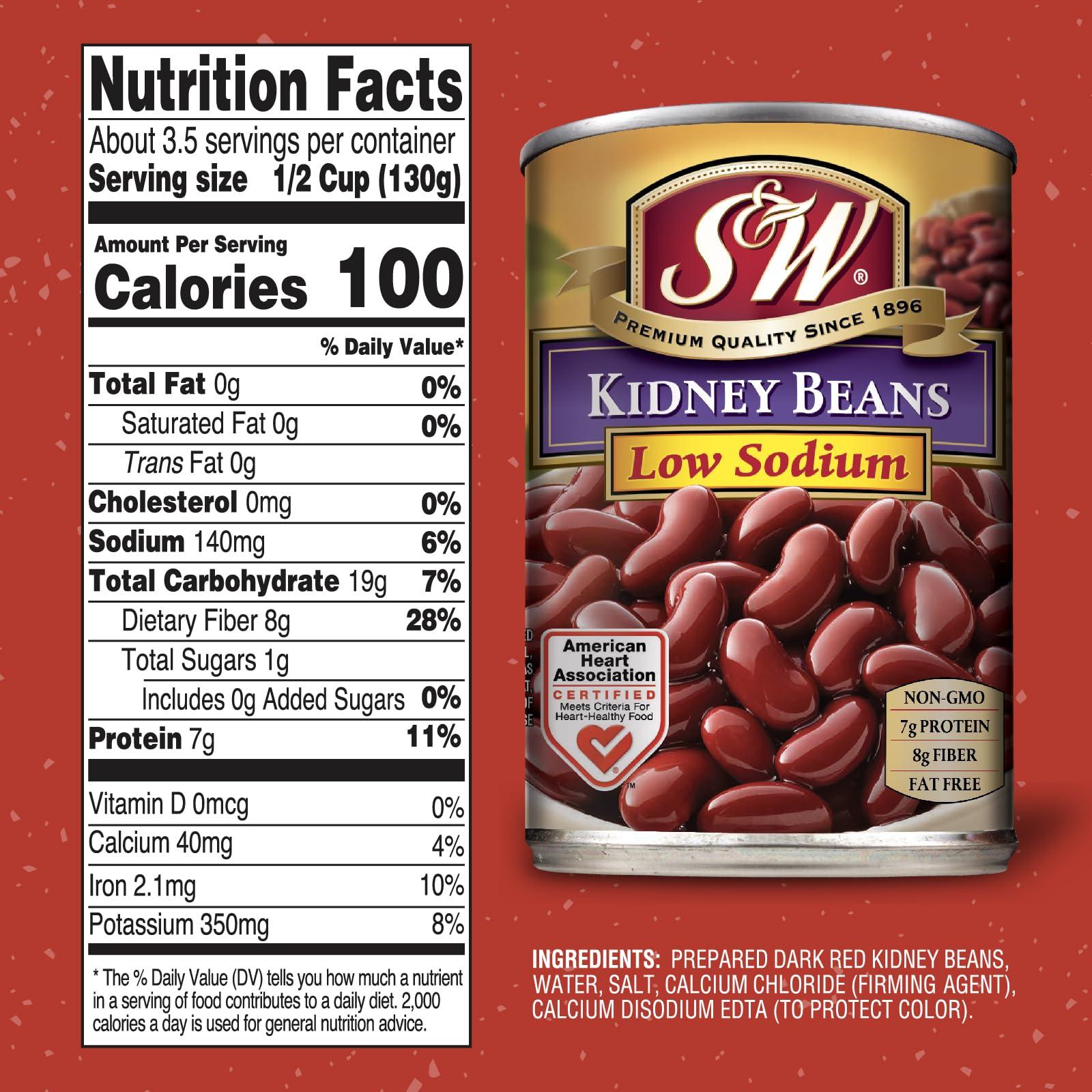 S & W S&W Low Sodium Canned Kidney Beans, Plant Protein and Fiber, Gluten Free, Vegan, Fat Free, 12 Pack of 15.5 oz Cans
