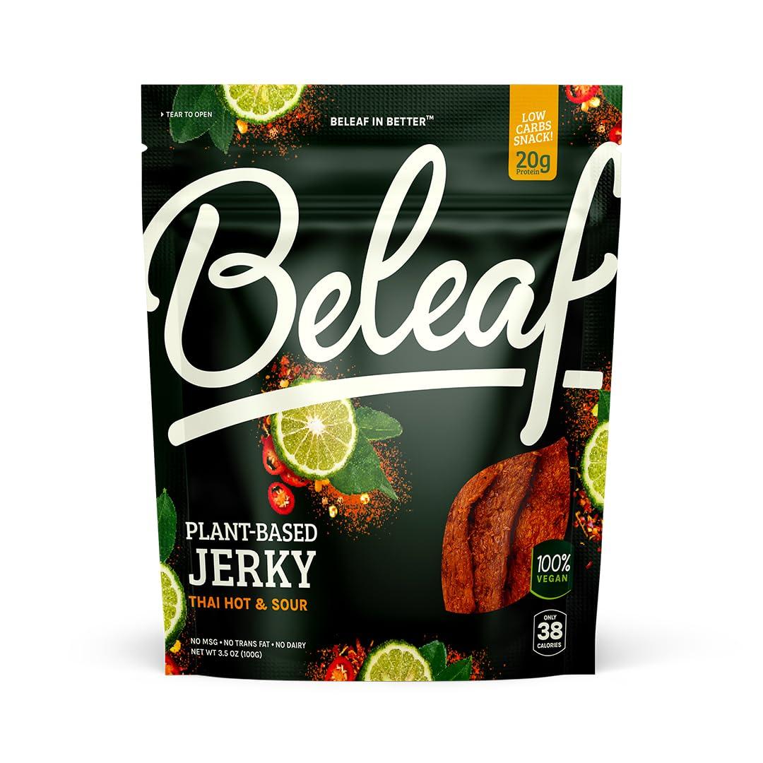 BE LEAF Beleaf Thai Hot & Sour Plant-Based Jerky: High-Protein Snack Healthy and Flavorful Vegan Jerky for On-the-Go Energy Tasty Meatless, Vegetarian Meat Alternative (1 Pack)