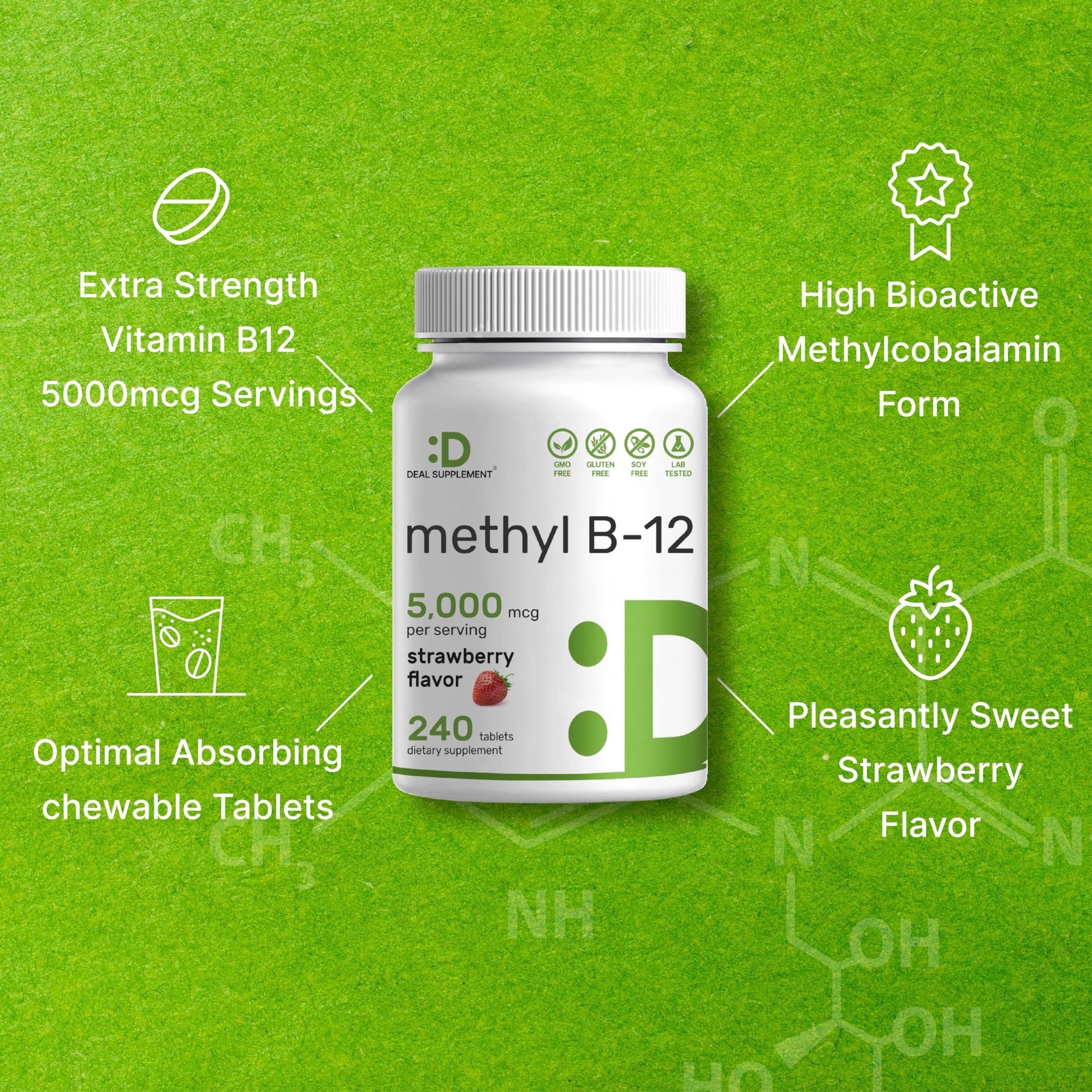 DEAL SUPPLEMENT DEAL SUPPLEMENT Methyl B-12 Vitamins 5000 mcg, 240 Chewable Tablets | Active Form - Strawberry Flavored - Energy Support & Brain Health Function - Vegetarian & GMO Free