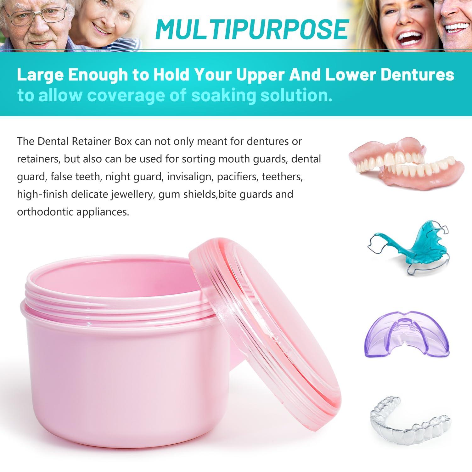 Mckkor Mckkor Denture Case with Denture Brush, Waterproof Denture Bath with Portable Denture Brush Holder,Partial Denture Case with Basket denture cups for soaking dentures (pink)