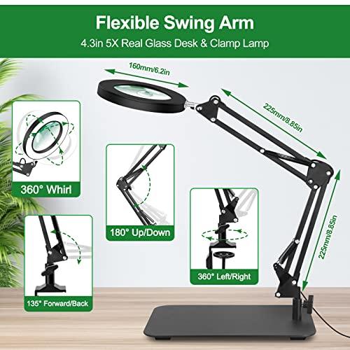 EOOKU Magnifying Glass with Light and Stand, EOOKU Flexible Magnetic Helping Hand, 5X&10X 12V 108pcs LED Beads Magnifying Lamp, 3 Modes Adjustable Swivel Gooseneck Arms & Heavy Duty Base Plate