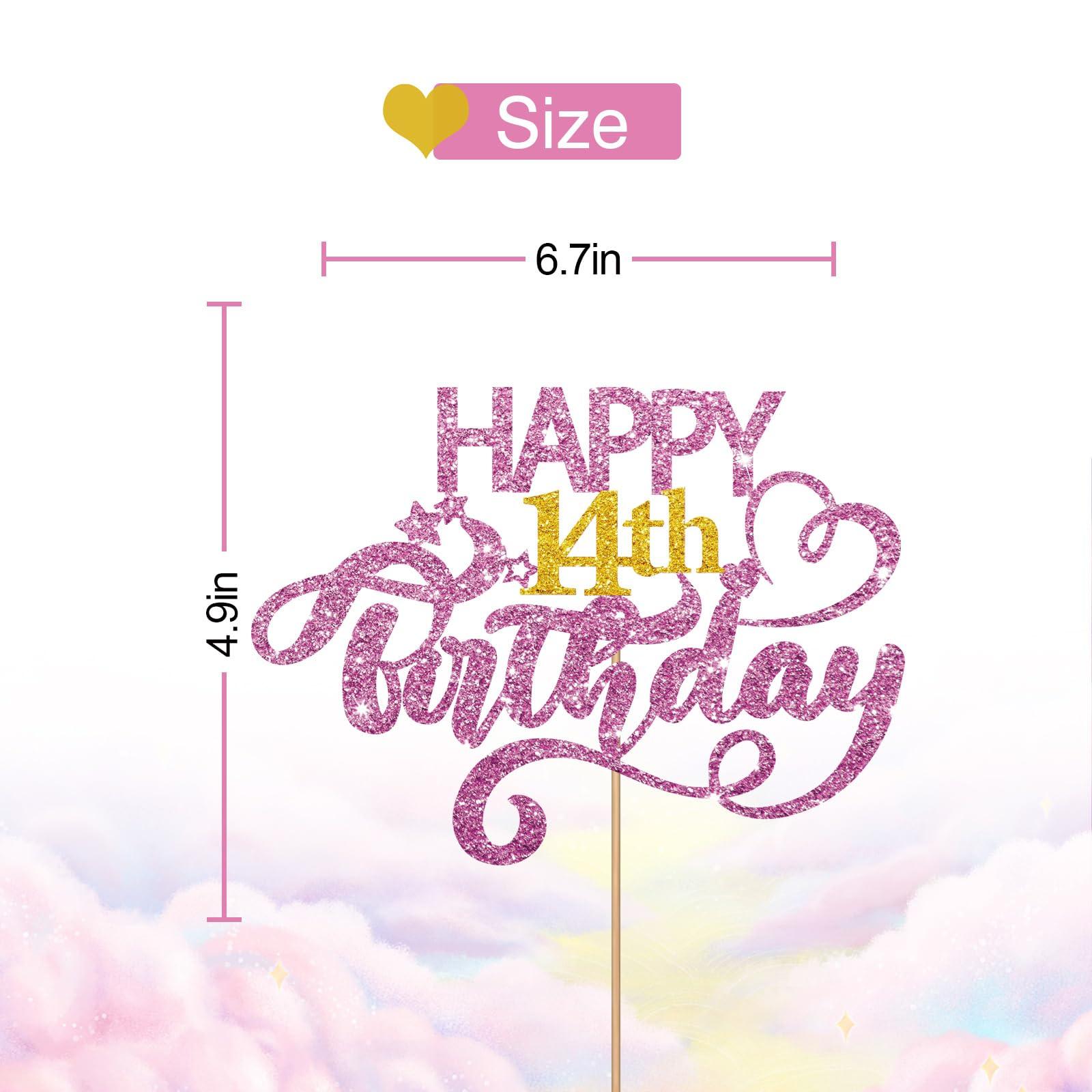 MINUET MINUTE Pink Glitter Happy 14th Birthday Cake Topper, Forteen Years Old Birthday Party Cake Decor, Gold Number 14 Birthday Party Supplies Decorations for Teen Girl or Teen Boy