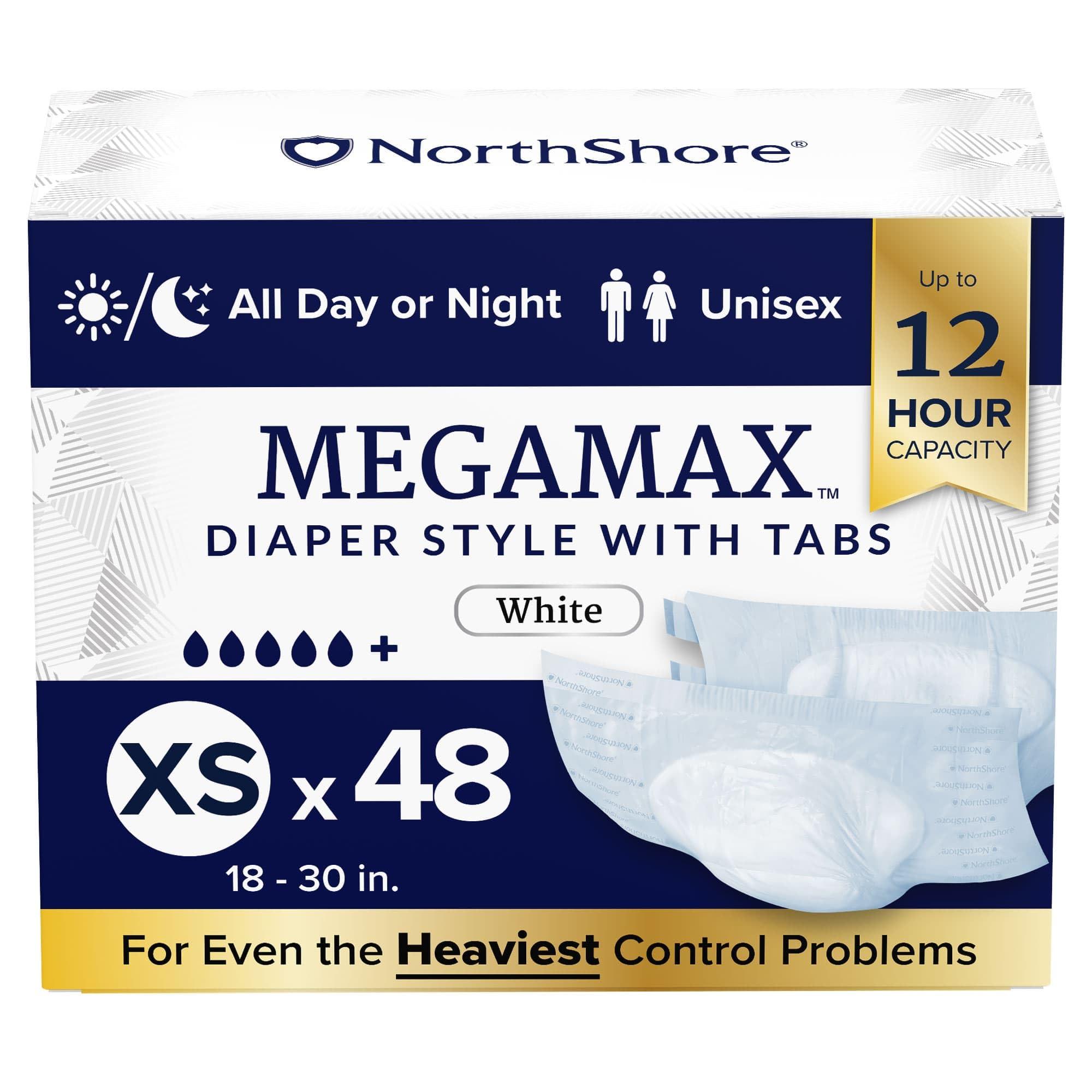 NorthShore NorthShore MegaMax Adult Overnight Diapers, 12-Hour Tab-Style, X-Small, 48 Count Case, White, 18-30 inches, Unisex Incontinence Underwear