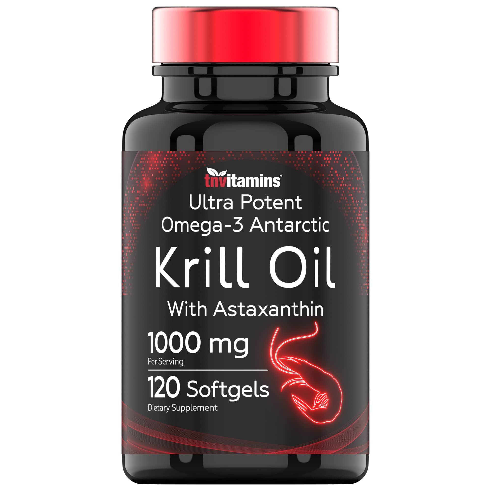 tnvitamins Antarctic Krill Oil 1000mg x 120 Softgels with Astaxanthin | 1000mg Red Krill Oil, 200 mg Phospholipids, 120 mg EPA, 80 mg DHA, 200 mcg Astaxanthin | Potent & Pure Omega-3 Cold Water Antarctic Krill