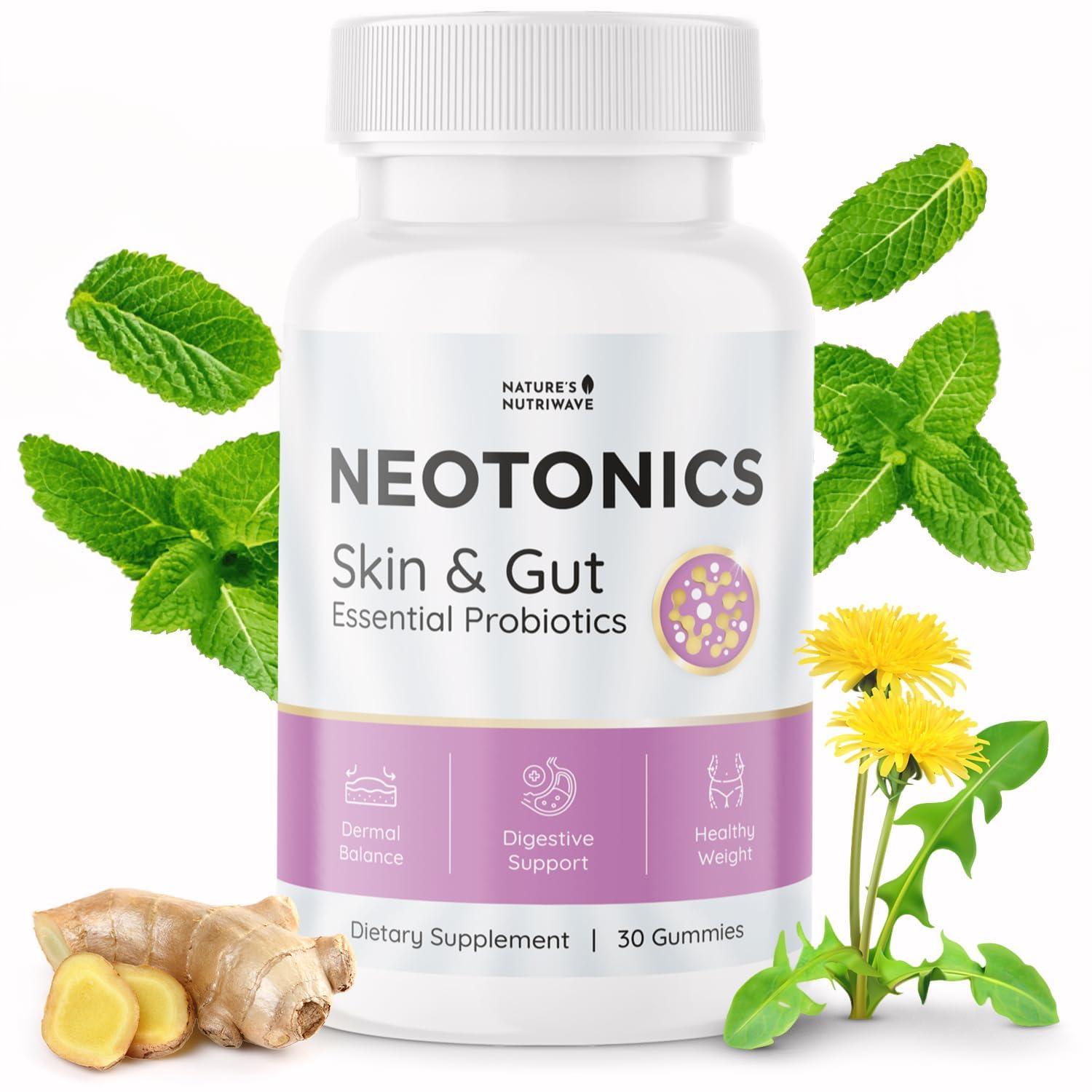 Natures NutriWave Neotonics Skin and Gut Gummies - 100% Natural Probiotic Gummies, Chewable Probiotics for Digestive Health & Skin Health, Daily Probiotics for Women & Men - Apple Flavor, 30 Gummies, 1 Month Supply