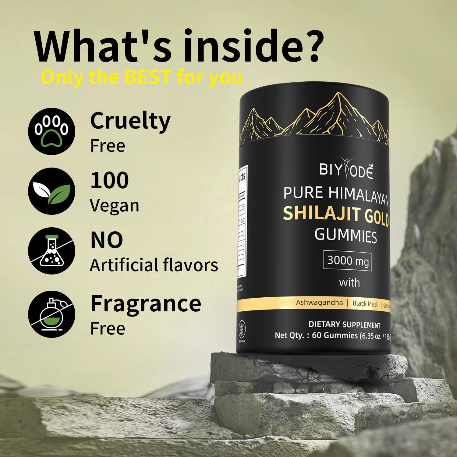 BIYODE BIYODE Shilajit Gummies: Pure Shilajit Himalayan Rich in Ashwagandha Gaulshura Fulvic Acid 85 Micronutrients Suitable for Men and Women No Added Sugar Non-GMO 100% Natural Organic 60 Gummies