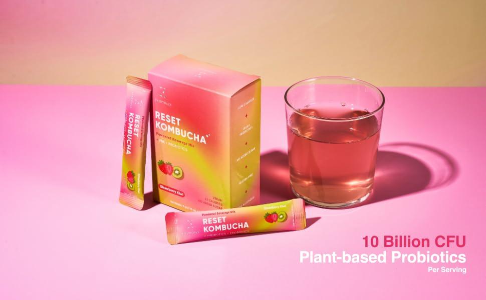 E EVERYDAZE Everydaze Reset Kombucha Tea Powdered Beverage Mix | 10 Sticks | Prebiotics + Probiotics | Vegan | No Added Sugar, Gluten Free, Sparkling Powder Drink Pack (Strawberry Kiwi)