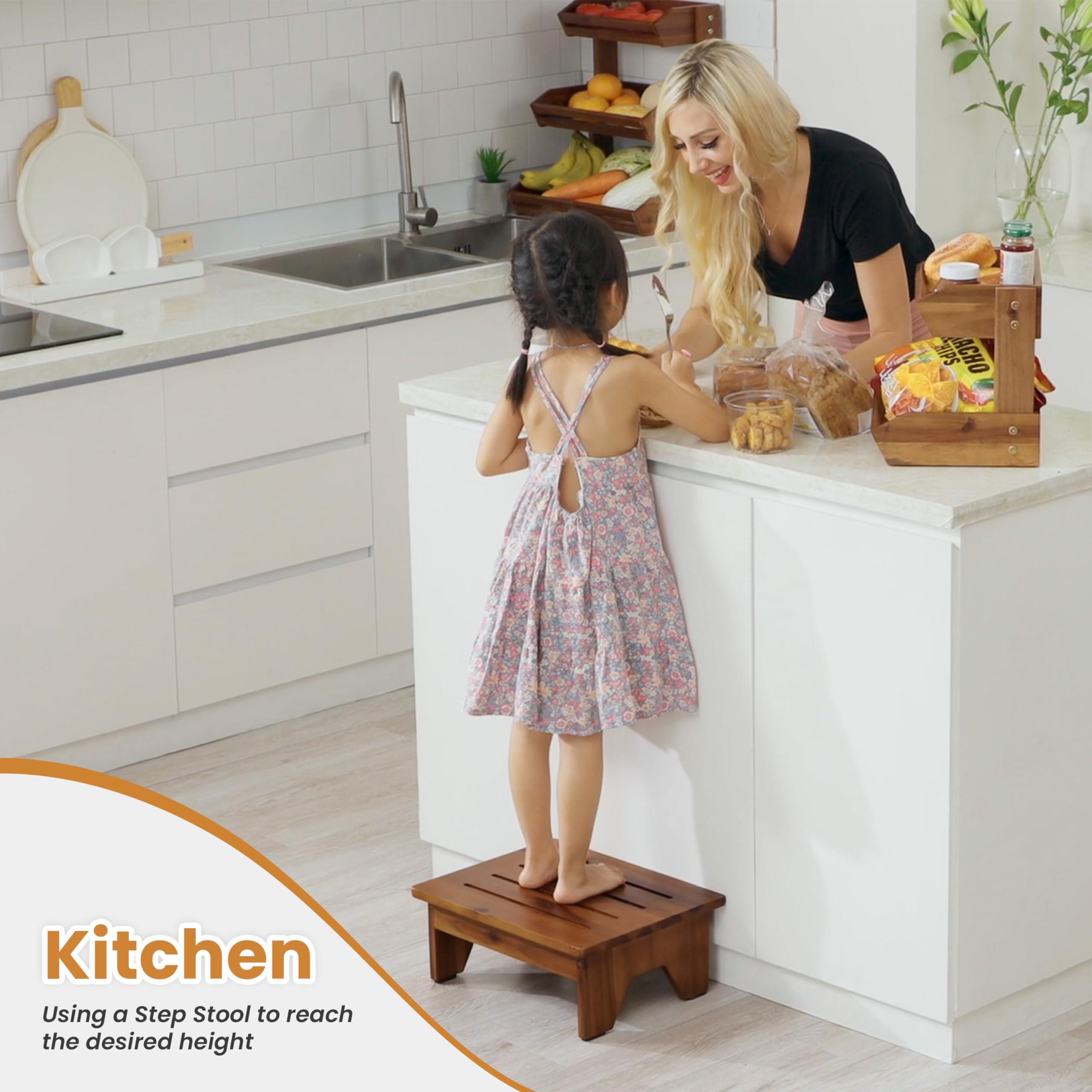 HOLANA Holana 6.5\" Wooden Step Stool for Adults (No Assemble Required)- 200 Lbs One Step Stools for High Bed Riser - Small Stepping Stool for Elderly, Seniors, Kid/Bathroom, Bed, Kitchen (Acacia Wood)