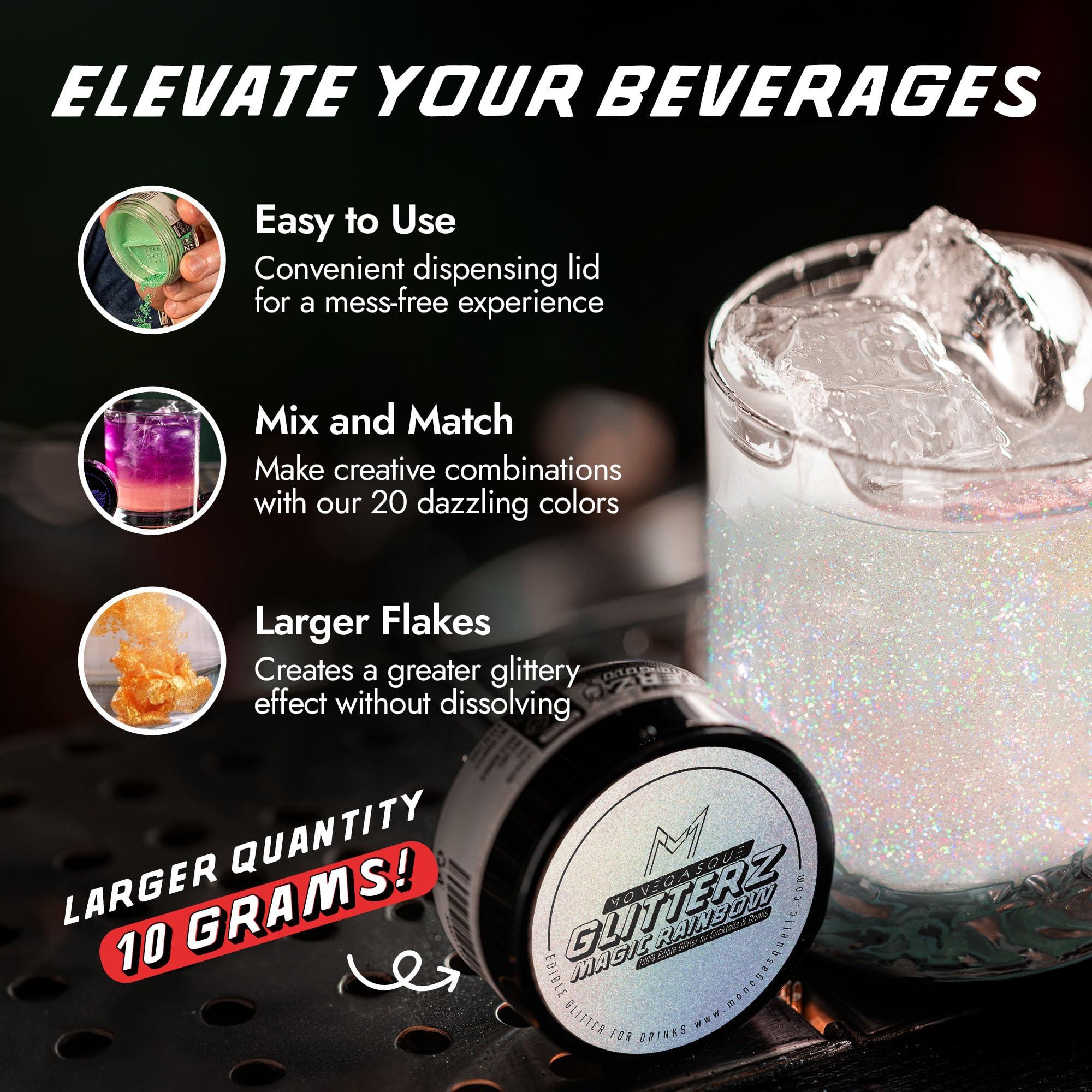 MONGASQUE MONGASQUE Magic Rainbow Edible Glitter for Cocktails 10g - Valentines Edible Glitter Drinks - Edible Cocktail Glitter for Drinks - Edible Drink Glitter for Cocktails & Cake - Edible Glitter Cakes