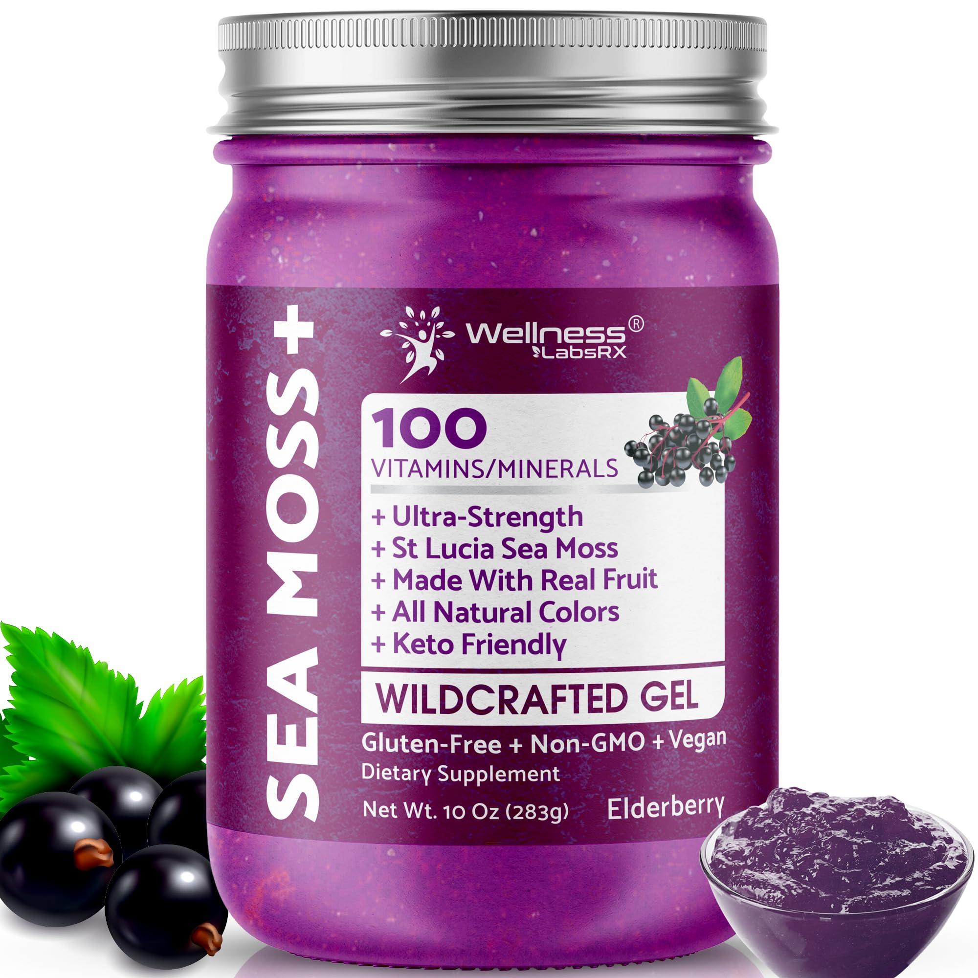 WELLNESS LABSRX Irish Sea Moss Gel Organic Raw - Wildcrafted Superfood Seamoss Gel - Elderberry Flavor, Vitamin and Mineral-Rich from Pristine Caribbean Waters, Immune and Digestive Health Support - 10 oz.