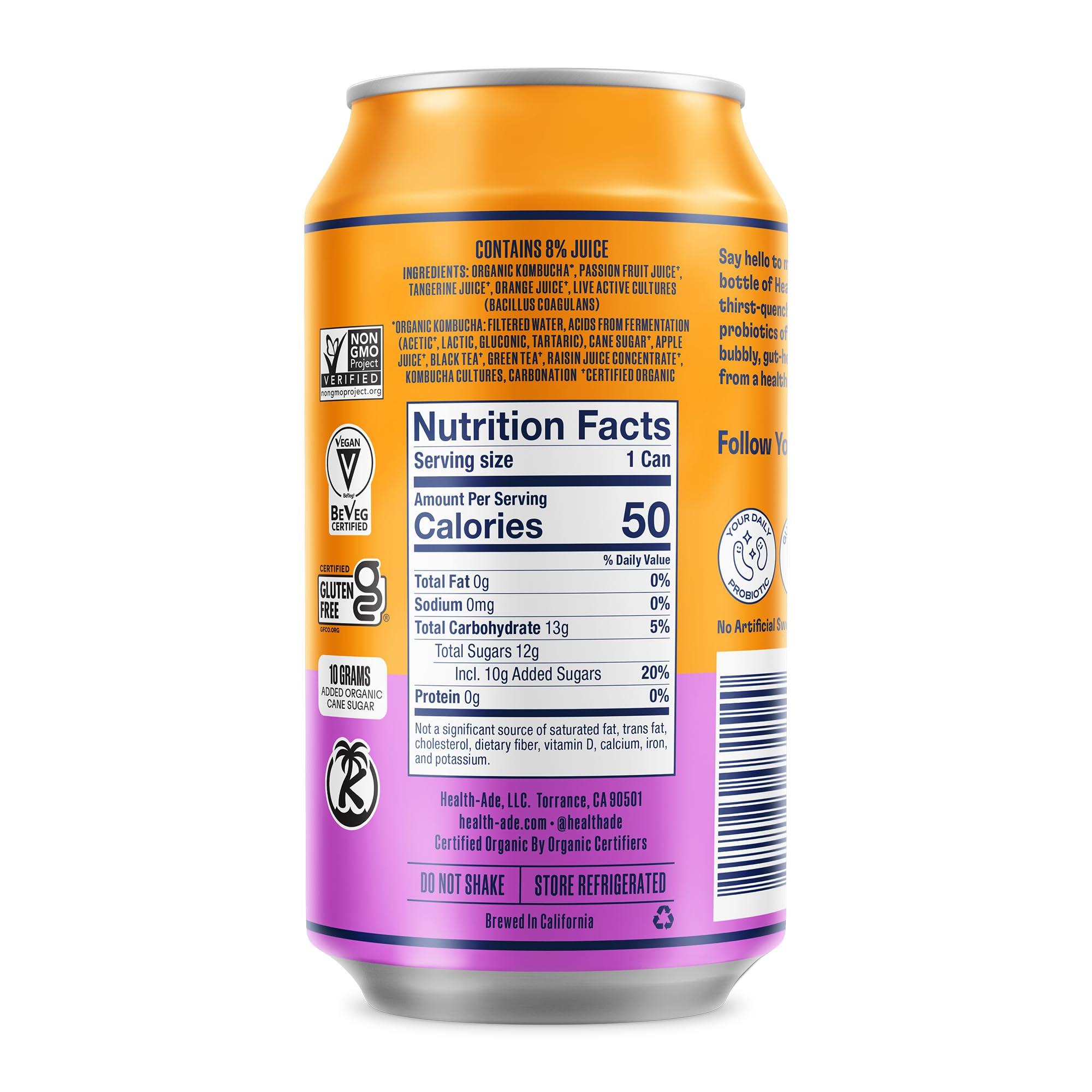 Health-Ade Health-Ade Passion Fruit-Tangerine Kombucha, Organic Drink, 12-Pack (11.5 Fl Oz Cans) Fermented Tea with Probiotics, Non-GMO, Vegan, Gluten-Free