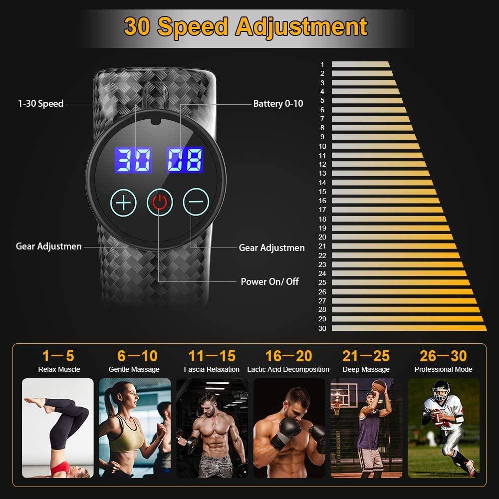 KDFJ KDFJ 30 Gears LCD Touch Screen High Frequency Massage Gun Muscle Relax Body Relaxation Electric Massager with Portable Bag 6 Heads-30 Gears-Silver