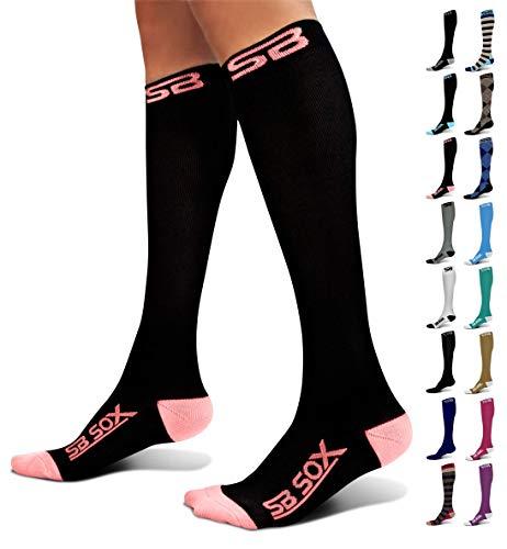 SB SOX SB SOX Compression Socks (20-30mmHg) for Men & Women – Best Compression Socks for All Day Wear, Better Blood Flow, Swelling! (Large, Black/Pink)
