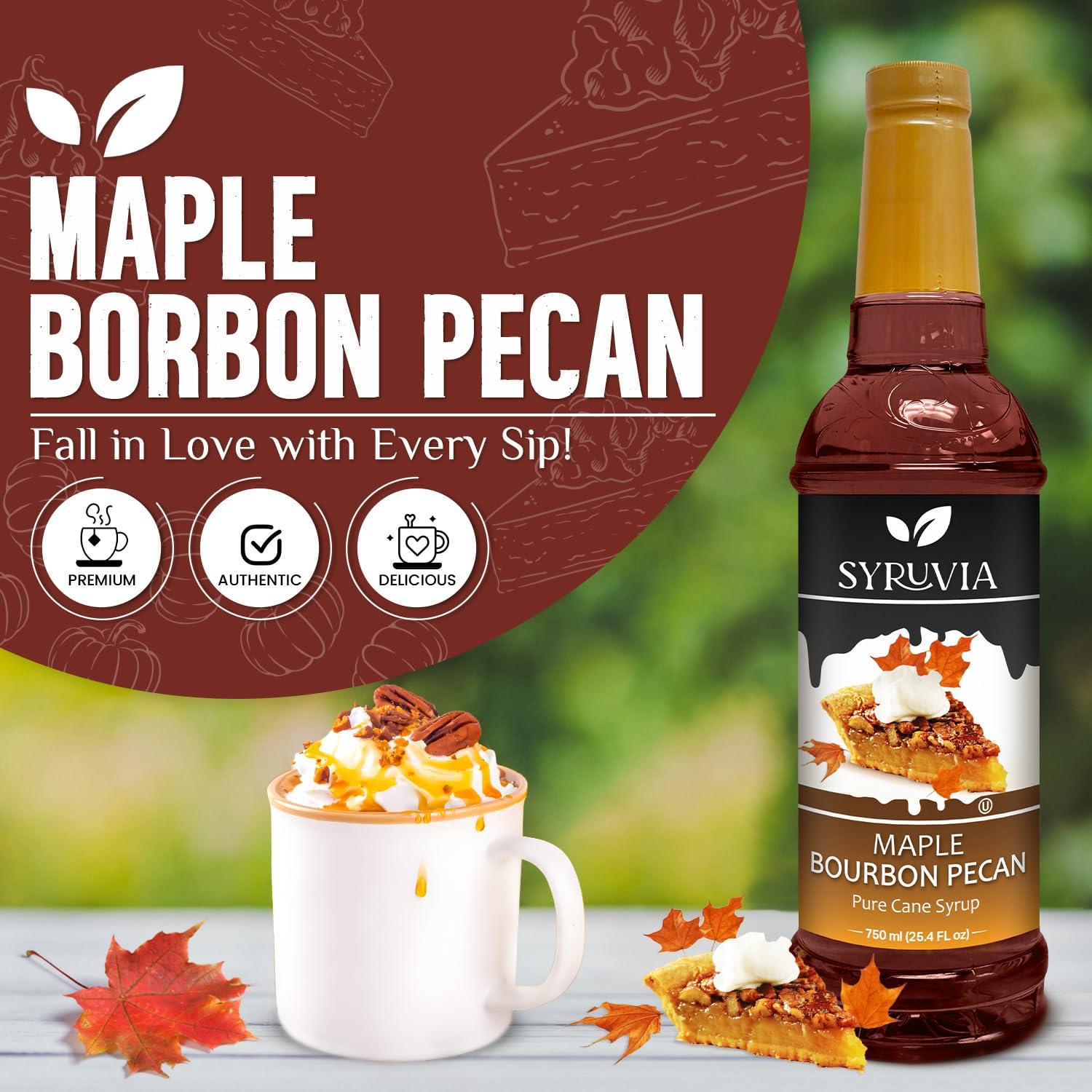 SYRUVIA Syruvia Maple Bourbon Pecan Syrup Maple Bourbon Pecan Coffee Syrup Flavor, 25.4 fl oz, Kosher, Gluten Free, Perfect for Coffee, Drinks, Soda, Desserts, and More, With Syrup Pump