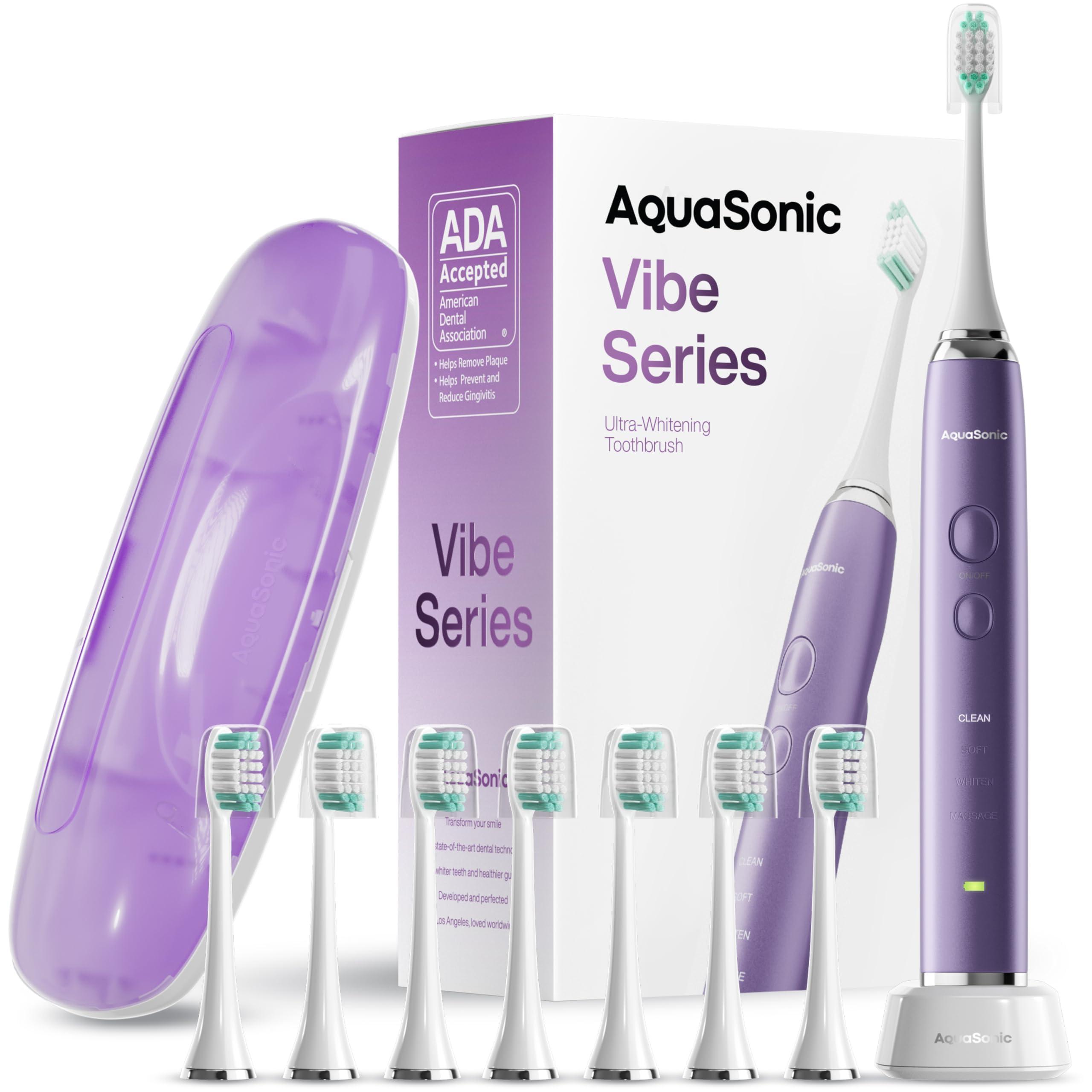 Aquasonic Aquasonic Vibe Series Ultra-Whitening Toothbrush ADA Accepted Electric Toothbrush - 8 Brush Heads & Travel Case 40,000 VPM Motor & Wireless Charging - 4 Modes w Smart Timer Satin Violet