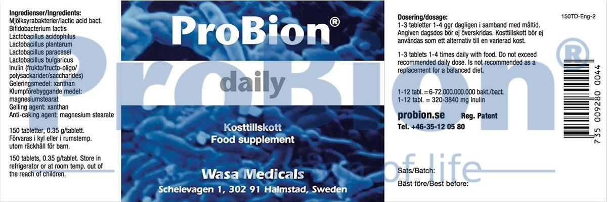 ProBion ProBion Daily, Normal Digestion Reduces Irregularities Daily. High Strength Time Release Swedish Probiotics Tablets with Multi Strain Lactobacillus Acidophilus Bifidobacterium 150 Tablets