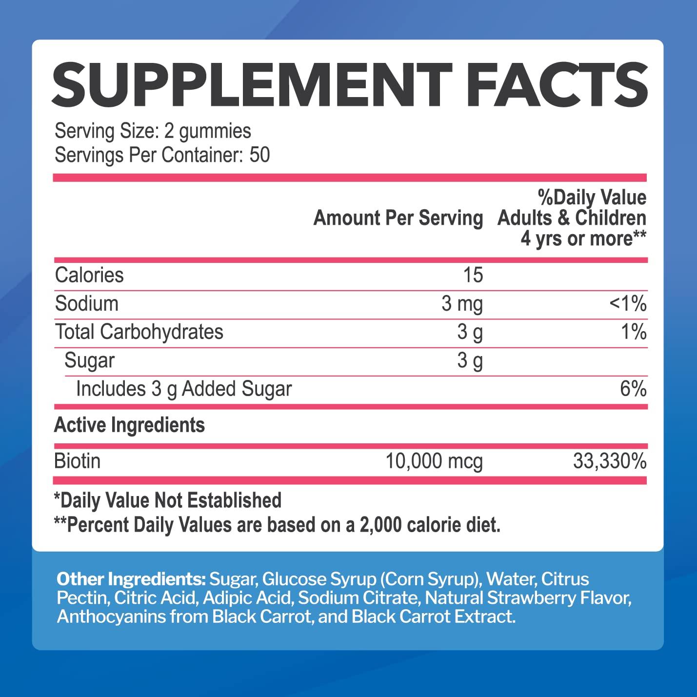 Just Nutrients Biotin 10,000mcg Gummies for Women & Men (100 Count) - 2x Extra Strength Biotin for Hair Growth, Skin & Nails - Gluten-Free, Vegan, Non-GMO, Great Tasting Strawberry Flavor - 100 Gummies