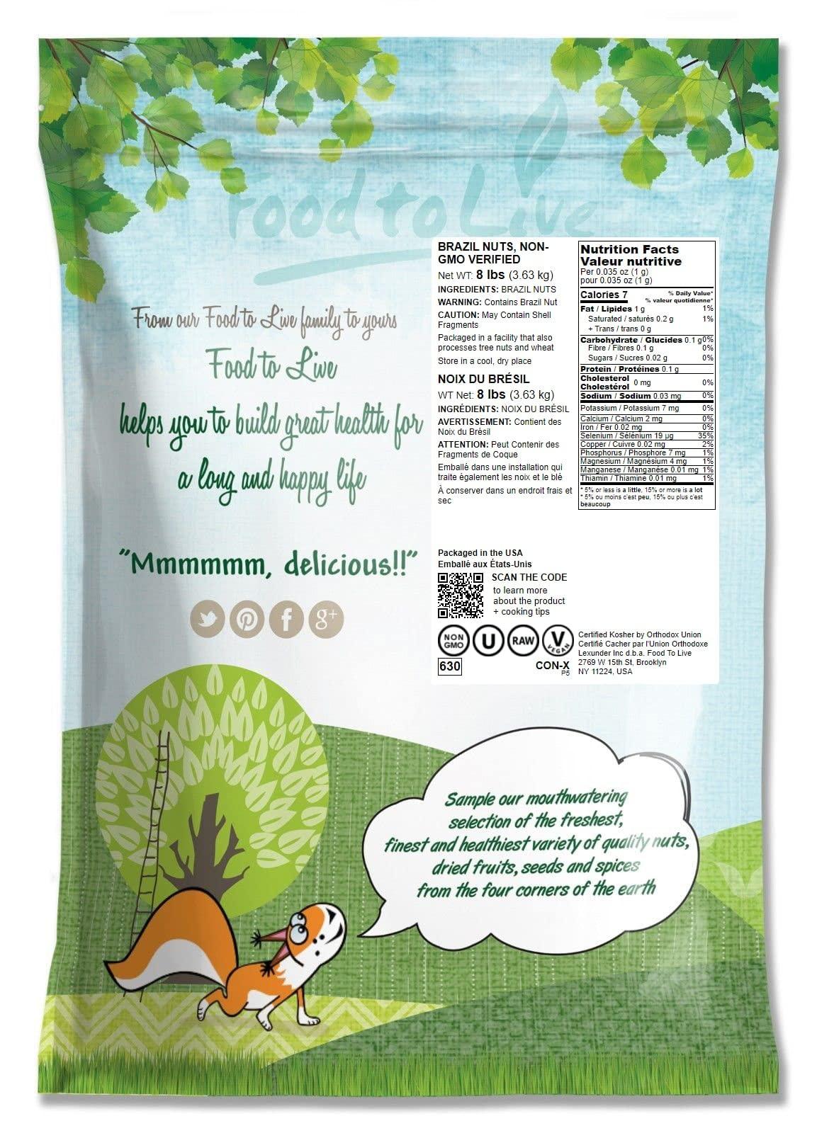 Food to Live Food to Live - Brazil Nuts, 8 Pounds Non-GMO Verified, Raw,Whole, No Shell,Unsalted,Kosher,Vegan, Keto and Paleo Friendly,Good Source of Selenium, Low Sodium and Low Carb Food, Great Trail Mix Snack