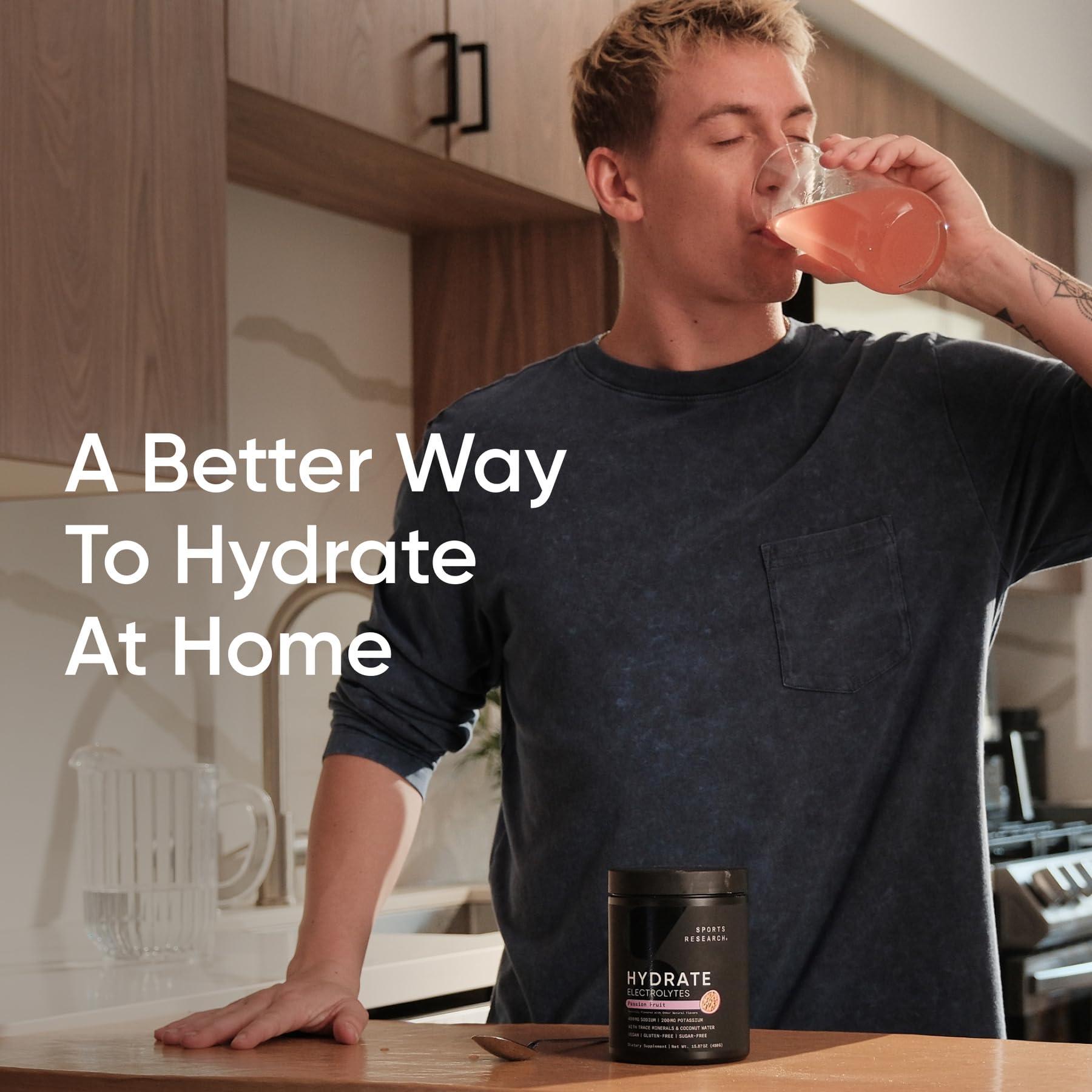 Sports Research Sports Research Hydrate Electrolytes Powder - Sugar-Free & Naturally Flavored with Vitamins, Minerals, and Coconut Water - Supports Hydration - Passion Fruit