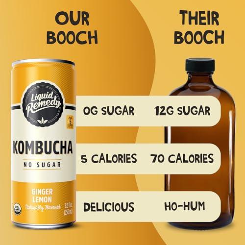 REMEDY Kombucha Liquid Remedy Kombucha Sugar Free Organic Drink, Low Calorie, Probiotic Like Tea for Gut Health - Ginger Lemon - 8.5 Fl Oz Can, 12-Pack