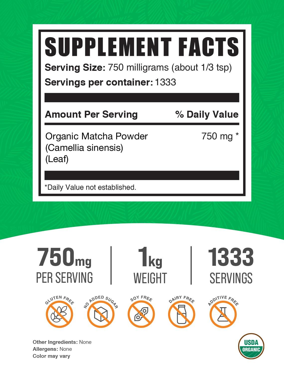 BULKSUPPLEMENTS.COM BulkSupplements.com Organic Matcha Powder - Matcha Powder for Latte, Culinary Grade Matcha - Organic & Gluten Free, 750mg per Serving, 1kg (2.2 lbs) (Pack of 1)