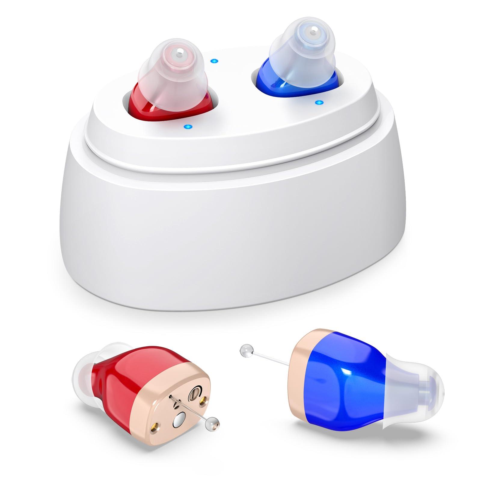 RUYIOER Rechargeable Hearing Aids for Seniors, In-Ear Digital Hearing Aids, Sound Amplifier with Noise Cancellation, Sound Controller for Adults with Hearing Loss, with Portable Charging Case (Red/Blue)