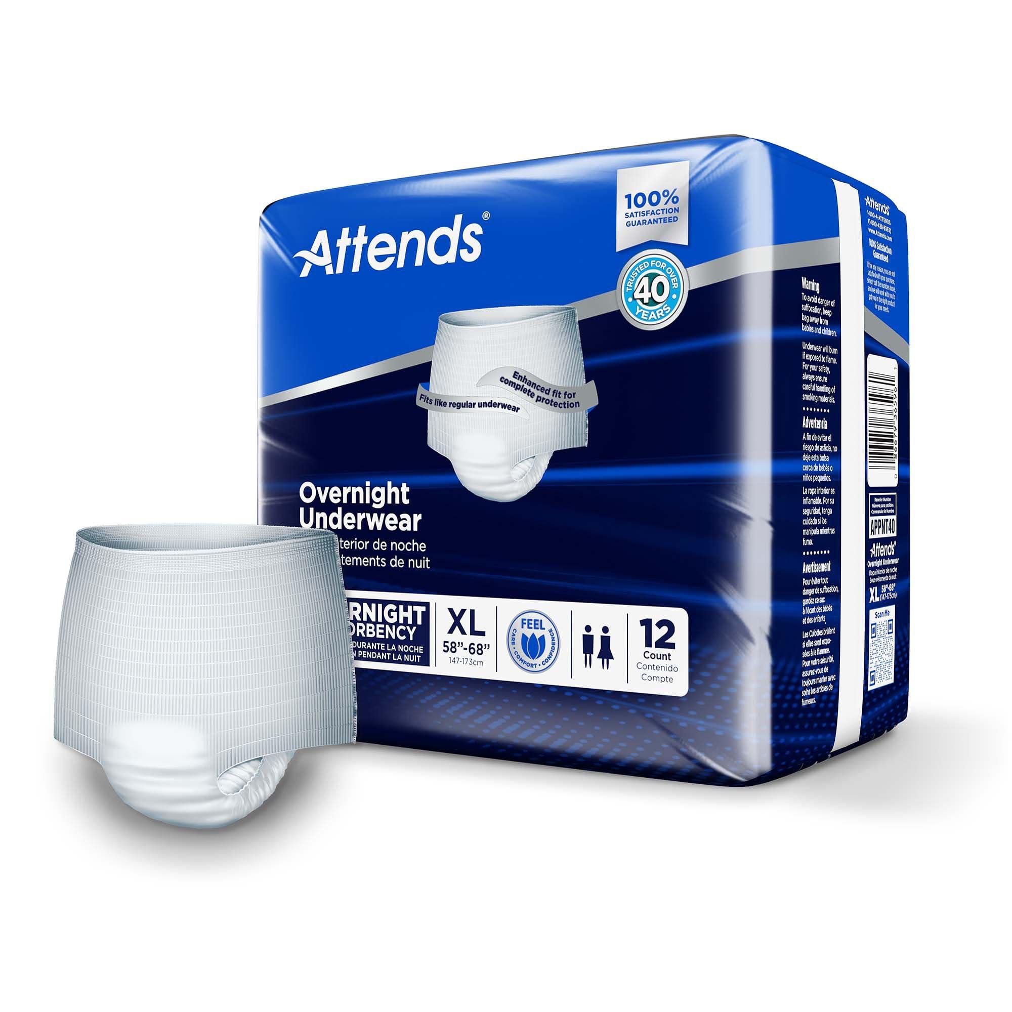 Attends Attends Overnight Underwear for Adult Incontinence Care with ConfidenceCuff™ Protection, Overnight Absorbency, Unisex, X-Large, 12 Count (x4)