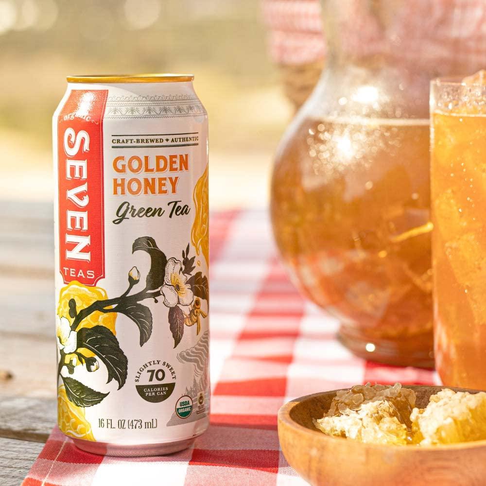 SevenTeas SevenTeas Golden Honey Green Tea, 16 OZ (Pack of 12 Cans), Lightly Sweetened Organic Iced Tea