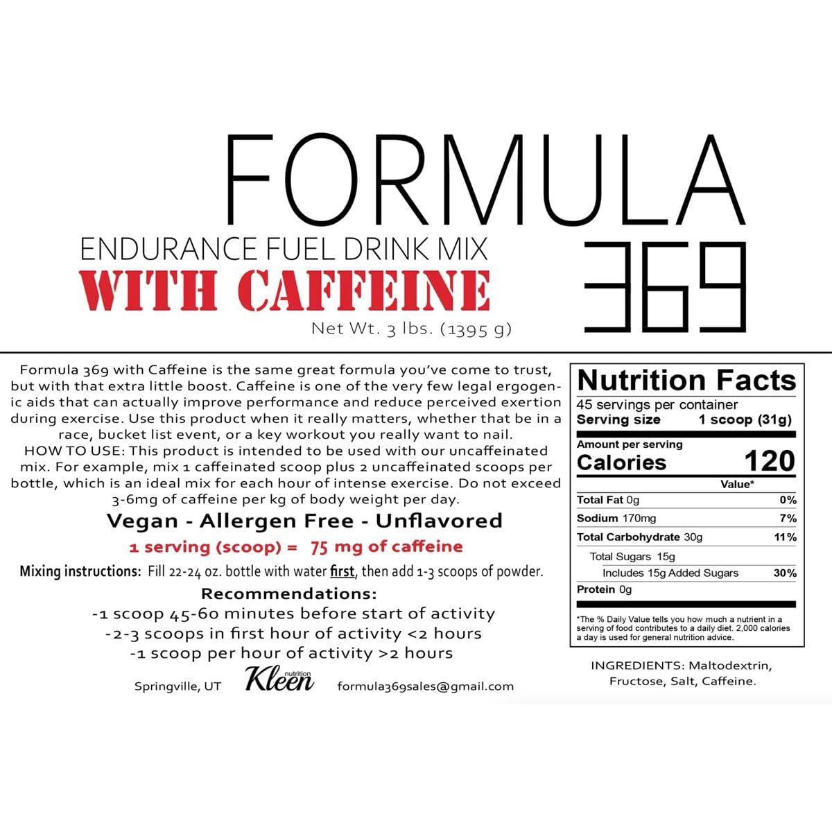 Generic Formula 369 with Caffeine, Endurance Fuel Drink Mix, 3 Pound Bag with 45 Servings, 30g of Carbs and 75mg of Caffeine per Serving, high carb Mix with 1:1 Ratio Glucose to Fructose, Vegan, Gluten Free