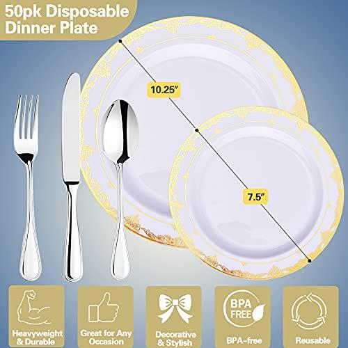 IUMÉ Plastic Plates, 100 Piece Gold Heavy Duty Plastic Dinner Plates, 10.25inch Disposable Plastic Dinnerware Plates and 7.5inch Dinner Dessert Plates Tableware Sets Disposable Plates for Wedding,Party
