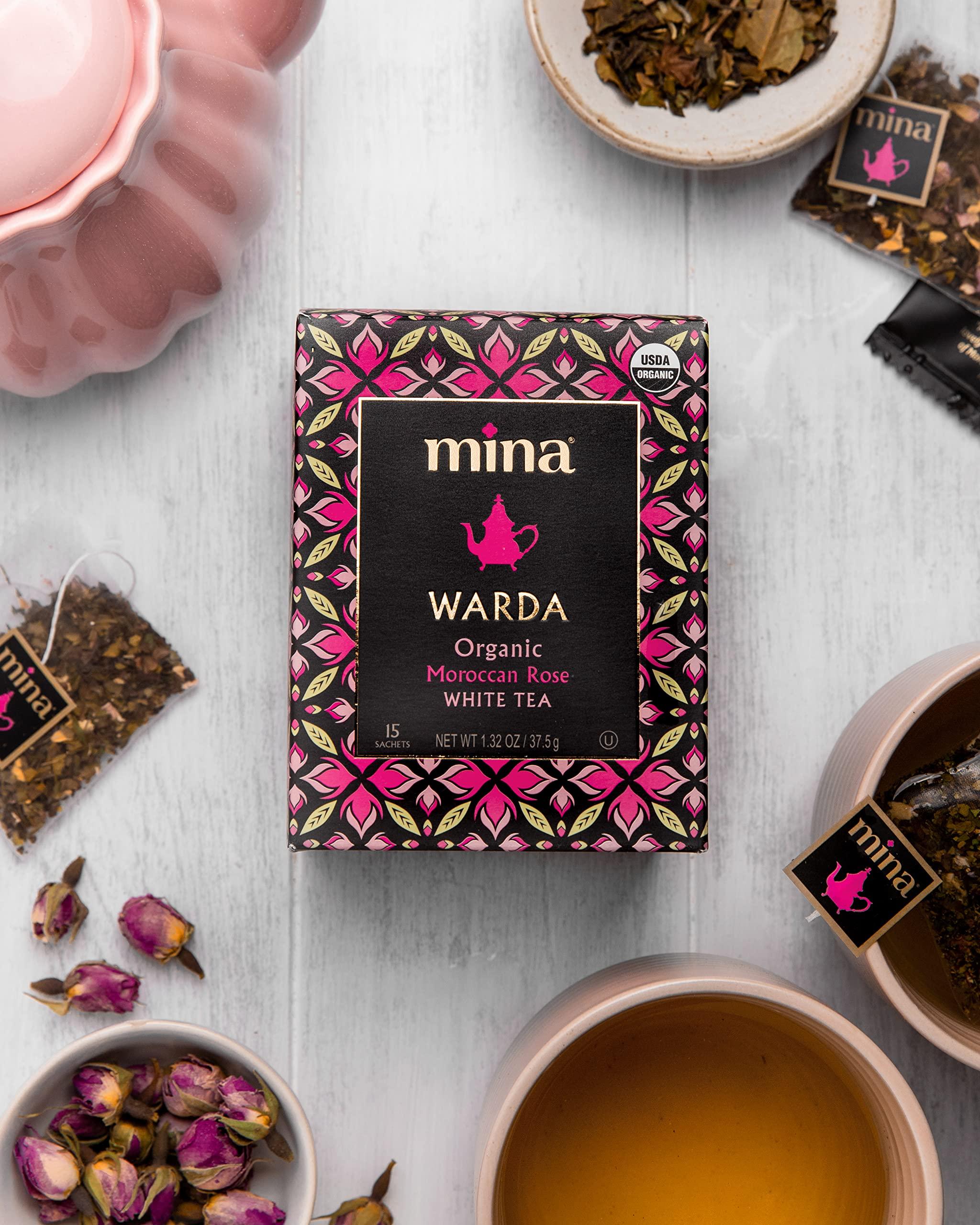 Mina Mina Warda Organic Moroccan Rose White Tea, 15 Biodegradable Sachets - Rose Tea Bags, White Tea with Moroccan Rose Petals, Organic White Tea Bags, Low Caffeine Tea