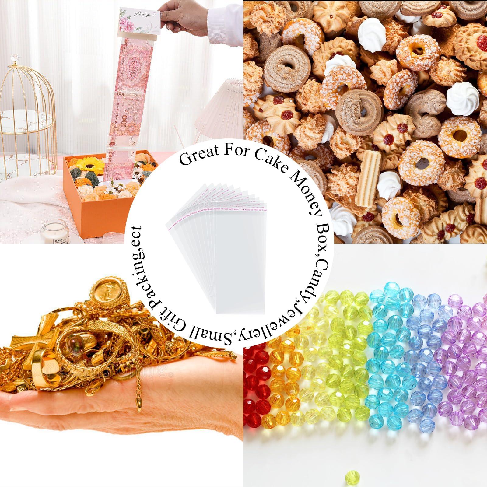 Gloreyan Gloreyan 100Pcs Cake Money Box Transparent Bags Adhesive Self-Sealing Resealable Bags Clear Plastic Bag for Christmas Birthday Wedding Party Supplies, 3.1 x7IN