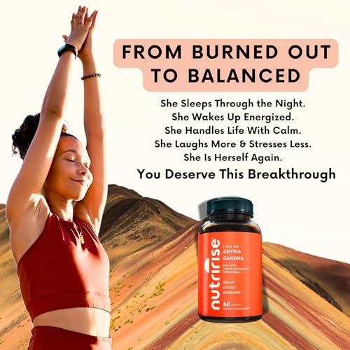 NutriRise NutriRise Organic Ashwagandha Root Capsules with Black Pepper, 1300mg, Natural Stress & Mood, Thyroid & Immune Support Supplement, Clarity, Focus & Energy, Gluten Free, 60 Count