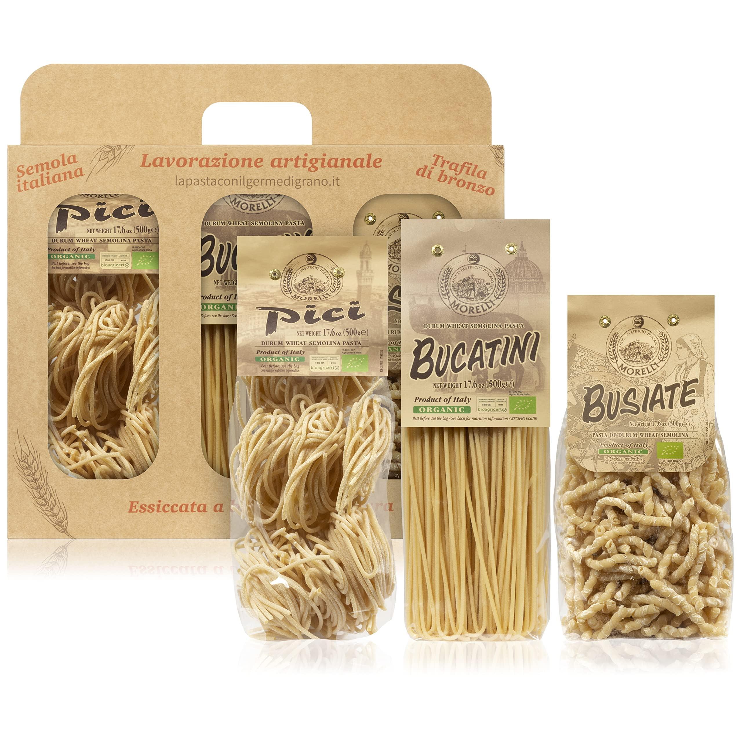 ANTICO PASTIFICIO MORELLI 1860 PASTA AL GERME DI G Morelli Busiate, Pici, and Bucatini Organic Pasta Variety Pack - Imported Italian Pasta Sampler - Specialty Assortment Includes Three-17.6 oz Packages of Gourmet Pasta from Italy