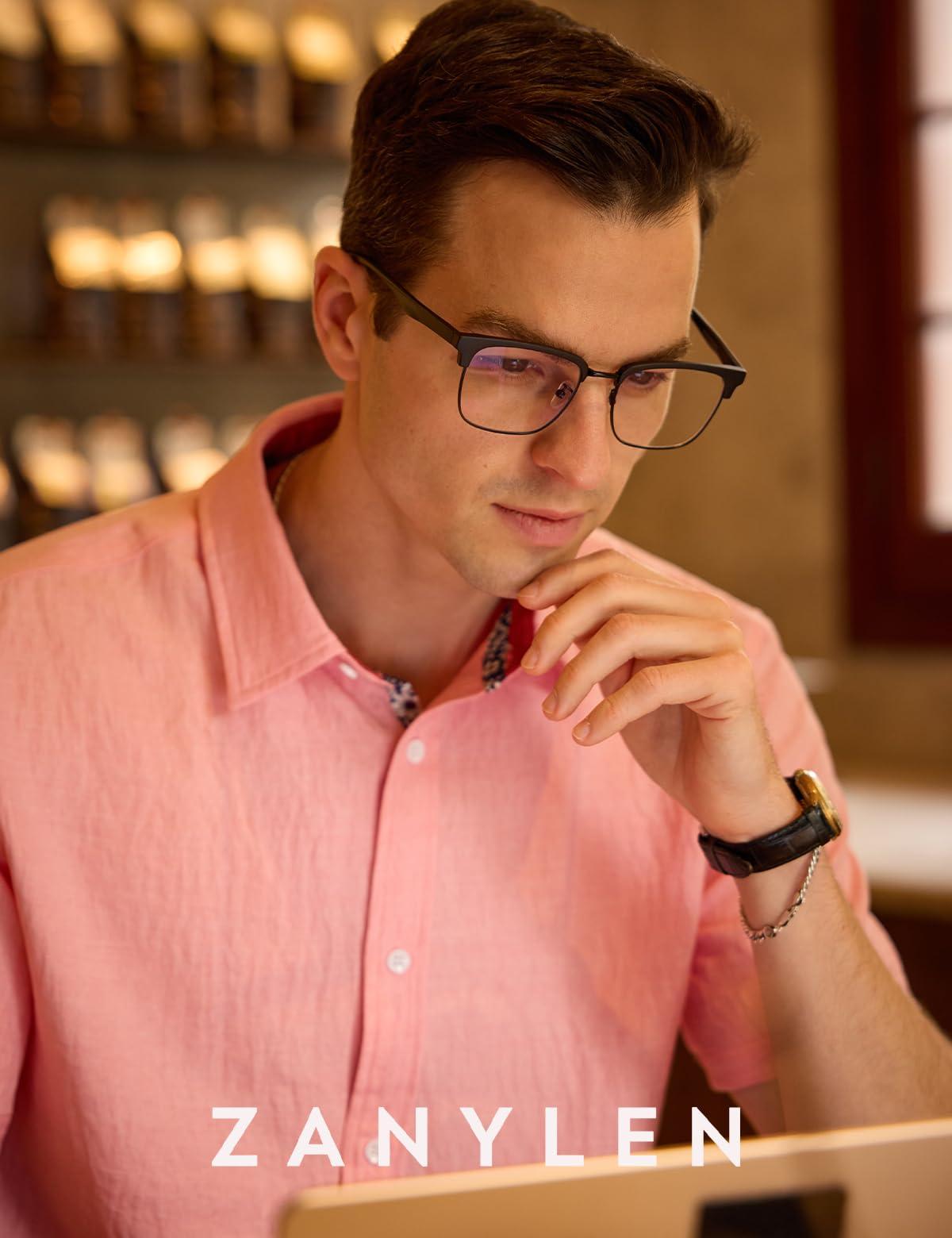 ZanyLen ZanyLen Blue Light Glasses Men Rectangle Large Browline Computer Gaming Glasses Blue Blocker Anti-Glare UV400 Protection Clear Lens (Black Metal/Black TR90 Glasses)