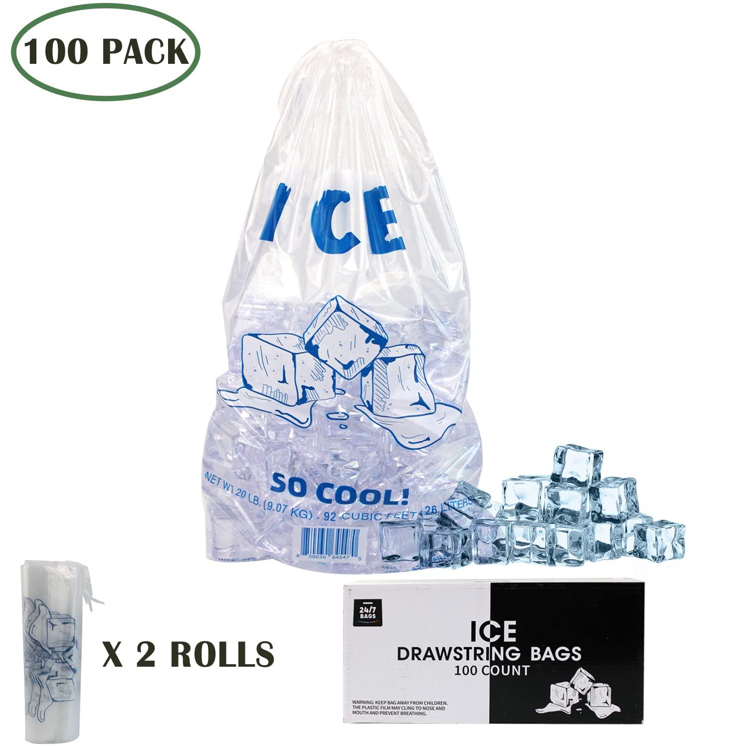 24/7 BAGS 100 Ice Bags, 10 LB Hold Capacity (12\"x20\"), Clear With Drawstrings, BPA-Free, Puncture Resistant, Heavy Duty