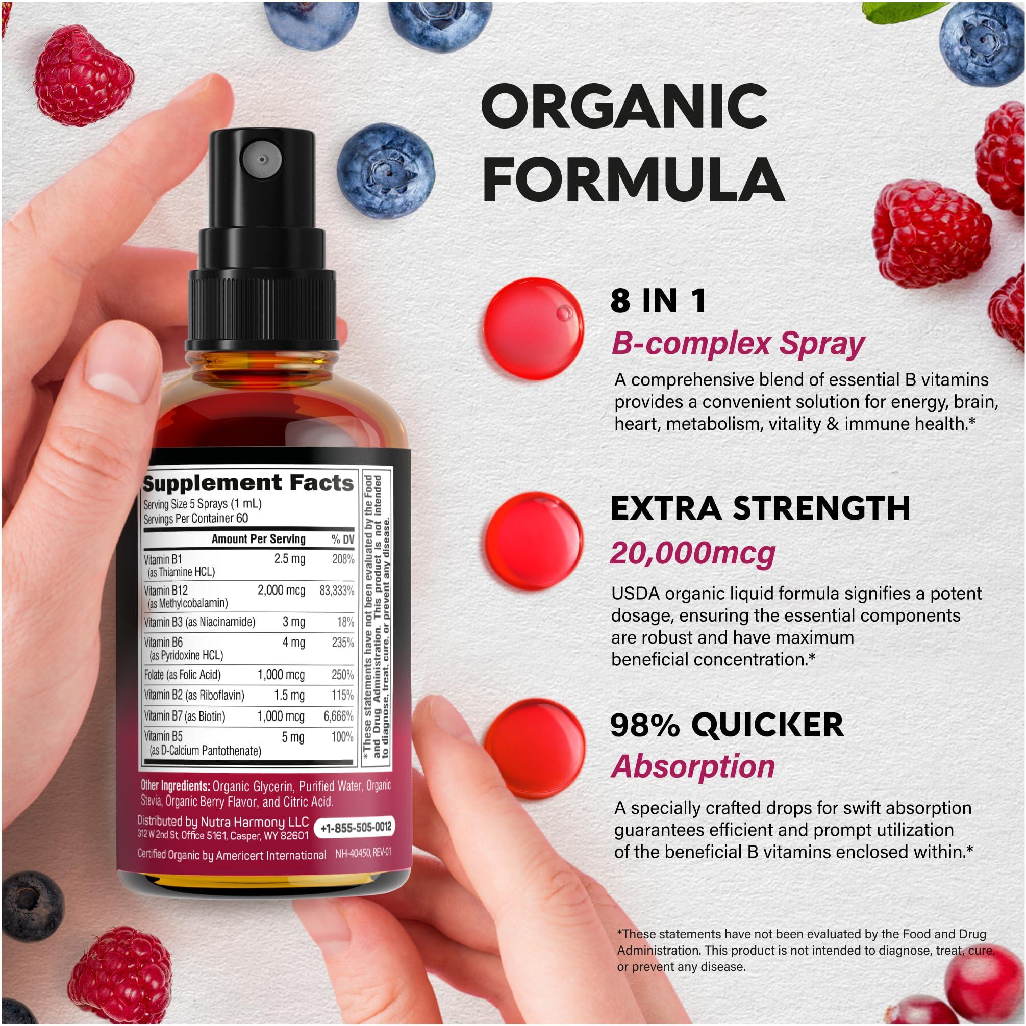 NUTRAHARMONY USDA Organic Vitamin B-Complex Liquid Spray 8-in-1 - B5 Pantothenic Acid | B12 Methylcobalamin | B1 Thiamine | B6 Pyridoxine | B7 Biotin | B9 Folic | B3 Niacinamide - Made in USA Supplement, 2fl oz