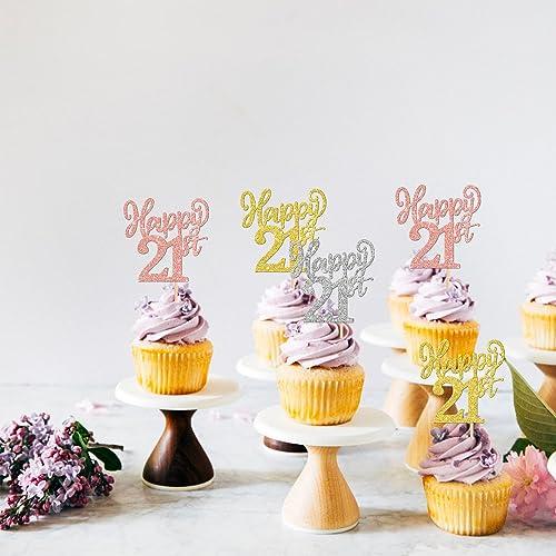 ZHUOWEISM 24PCS Happy 21st Cupcake Toppers Gold Rose Gold Silver Glitter Twenty One Cheers to 21 Years Number 21 Birthday Cupcake Picks for Happy 21st Birthday Wedding Anniversary Party Cake Decorations