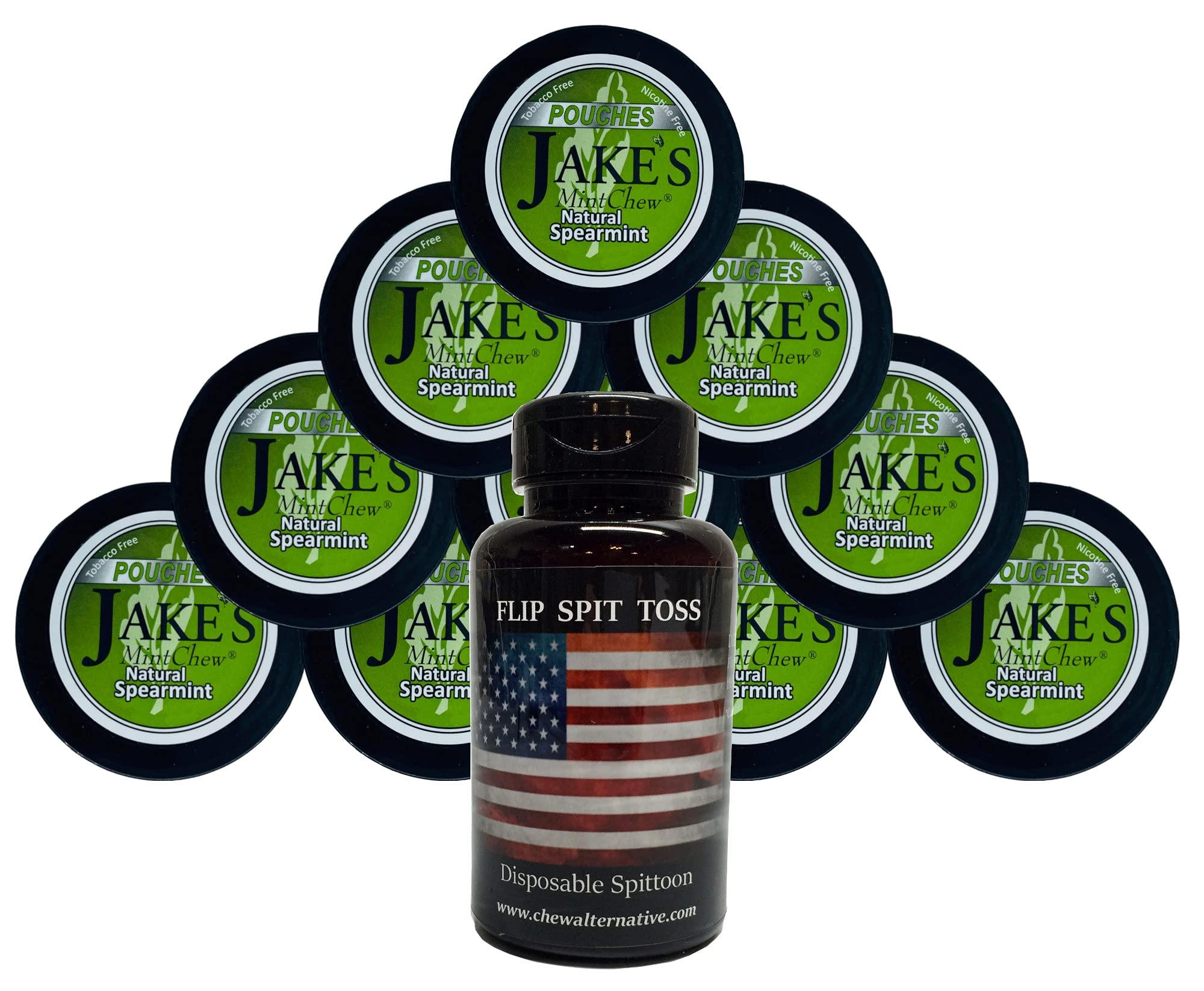 Jake\'s Mint Chew Jake\'s Mint Chew Spearmint Pouch - 10 Cans - Includes Mud Bud Disposable Spittoon (US Flag MB)