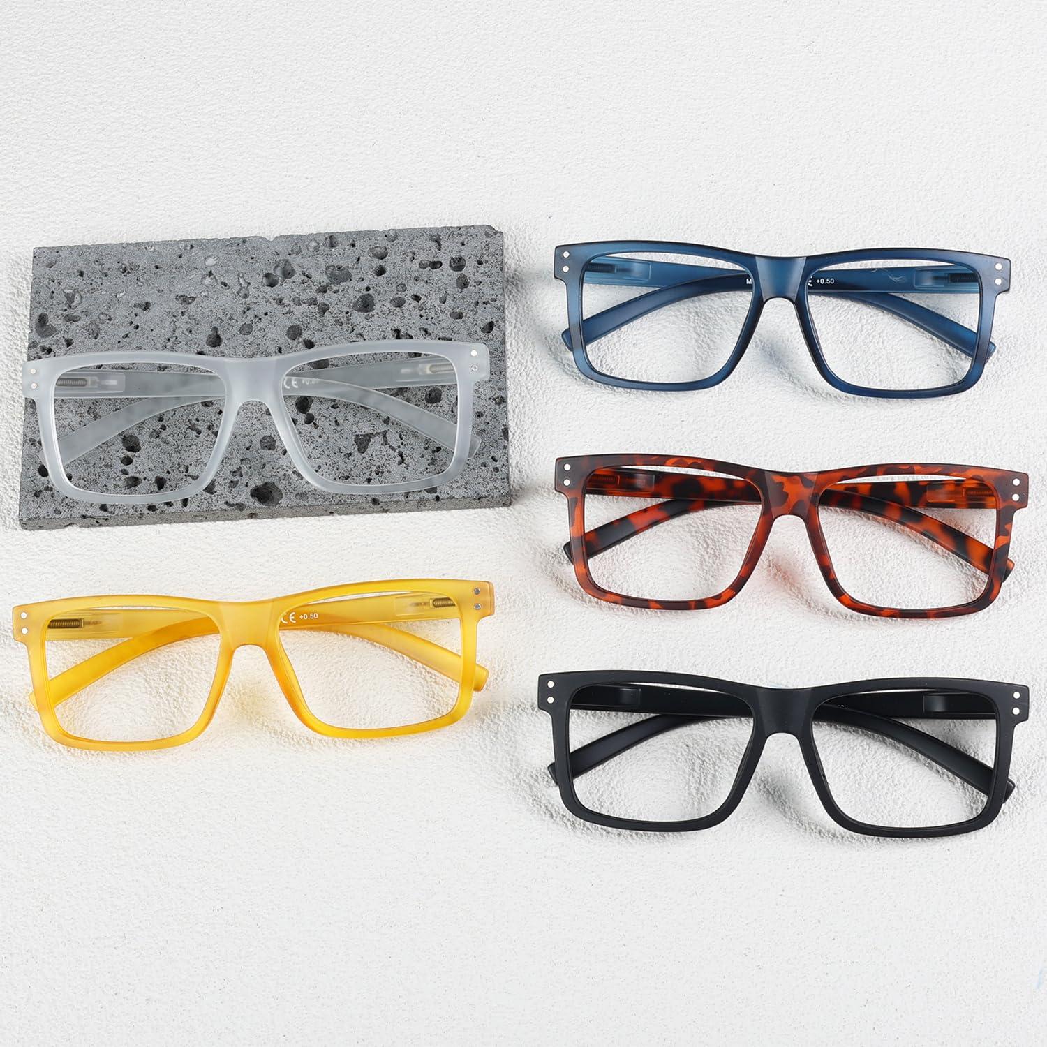 LUR Oversized Reading Glasses for Men 4.0 Large Square Readers Women 5 Pack Cheaters Glasses with Spring Hinges