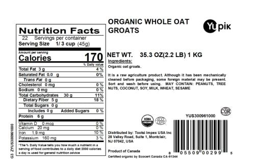 Yupik Yupik Organic Whole Oat Groats,2.2 lb, Non-GMO, Vegan, Kosher, Raw, Whole Grain Oats, Salt-Free, Nutty Flavor, Good Source of Fiber, Ideal for Baking & Cooking
