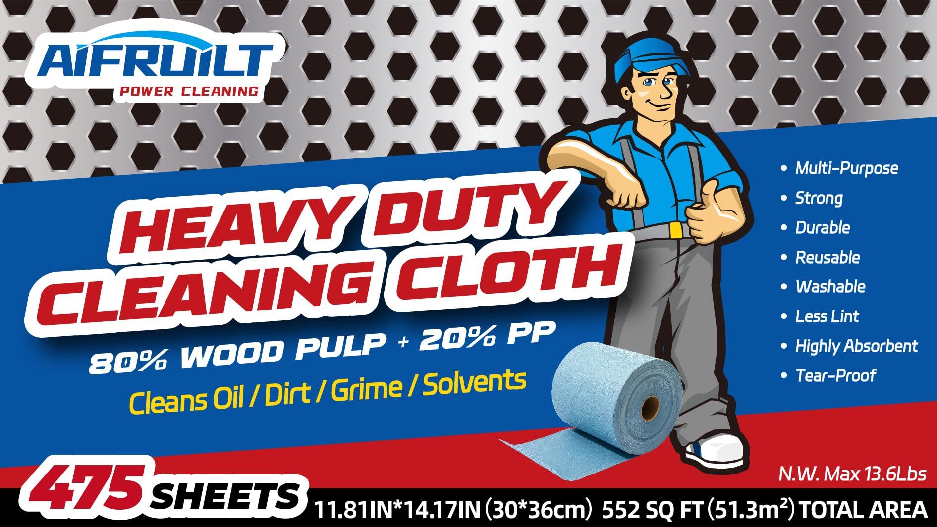 AIFRUILT Industrial Strength Power Clean Heavy Duty Wipes - Absorbent, Durable, and Reusable Cloths for Tough Dirt, Oil, and Grime in Manufacturing and Workshops - 475 Sheets, Blue Shop Towels-Jumbo Roll