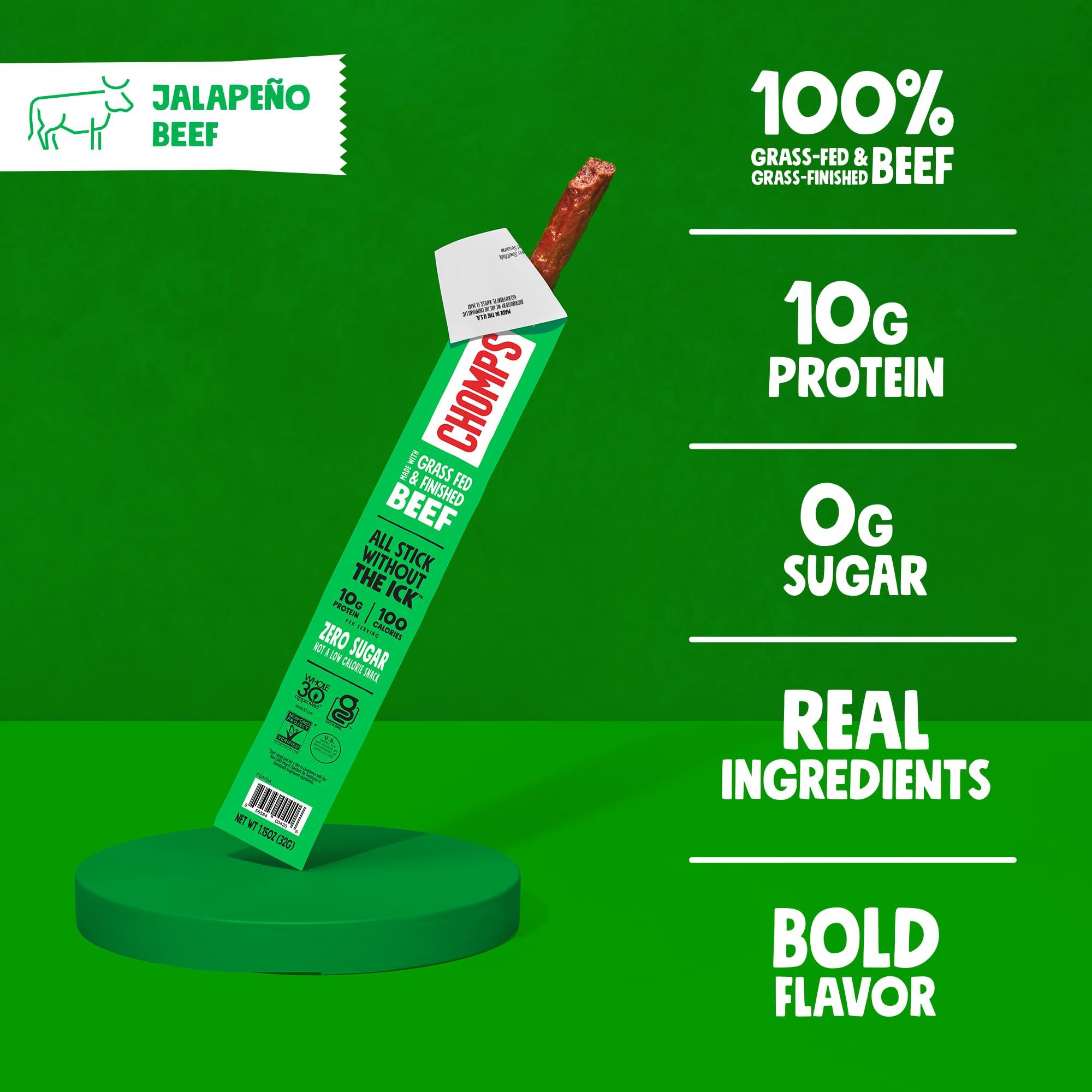 Chomps Chomps Grass-Fed and Finished Jalapeo Beef Jerky Snack Sticks 24-Pack - Keto, Paleo, Whole30, 10g Lean Meat Protein, Gluten-Free, Zero Sugar Food, Non-GMO