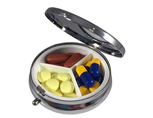 FKC DESIGN Pill Box - Portable Round Metal Silver Pills Pill Case, Compact 3 Space. Personalized Customized Pattern Design Pill Boxes, Pill Cases for Pills/Travel/Pocket/Purse. (Cartoon Rabbit and Turtle)