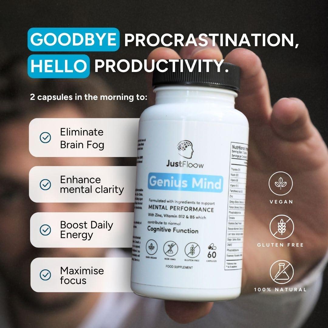JustFloow JustFloow Genius Mind Nootropic Brain Supplement, Support Cognitive Function, Energy Levels, Focus & Memory Function - 17 Brain Boosting Ingredients Including Lions Mane, Bacopa, Ginkgo & Vitamin B12