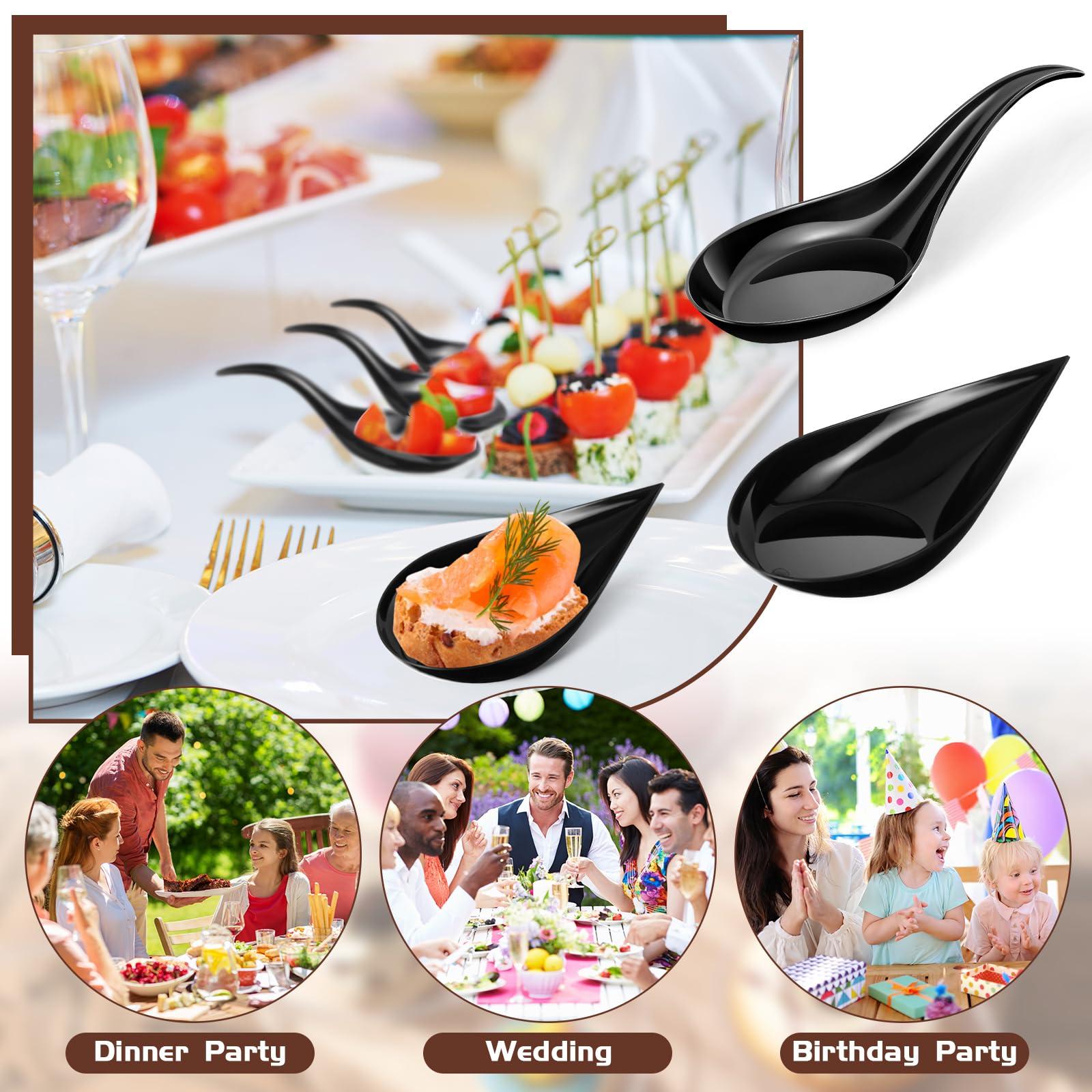 Tessco Tessco 400 Pcs 4\'\' Mini Plastic Appetizer Spoons Plates Disposable Dessert Spoons Tear Drop Tasting Spoons Plastic Asian Soup Spoons for Dessert Sauces Sushi Ice Cream Food Parties, 2 Styles(Black)