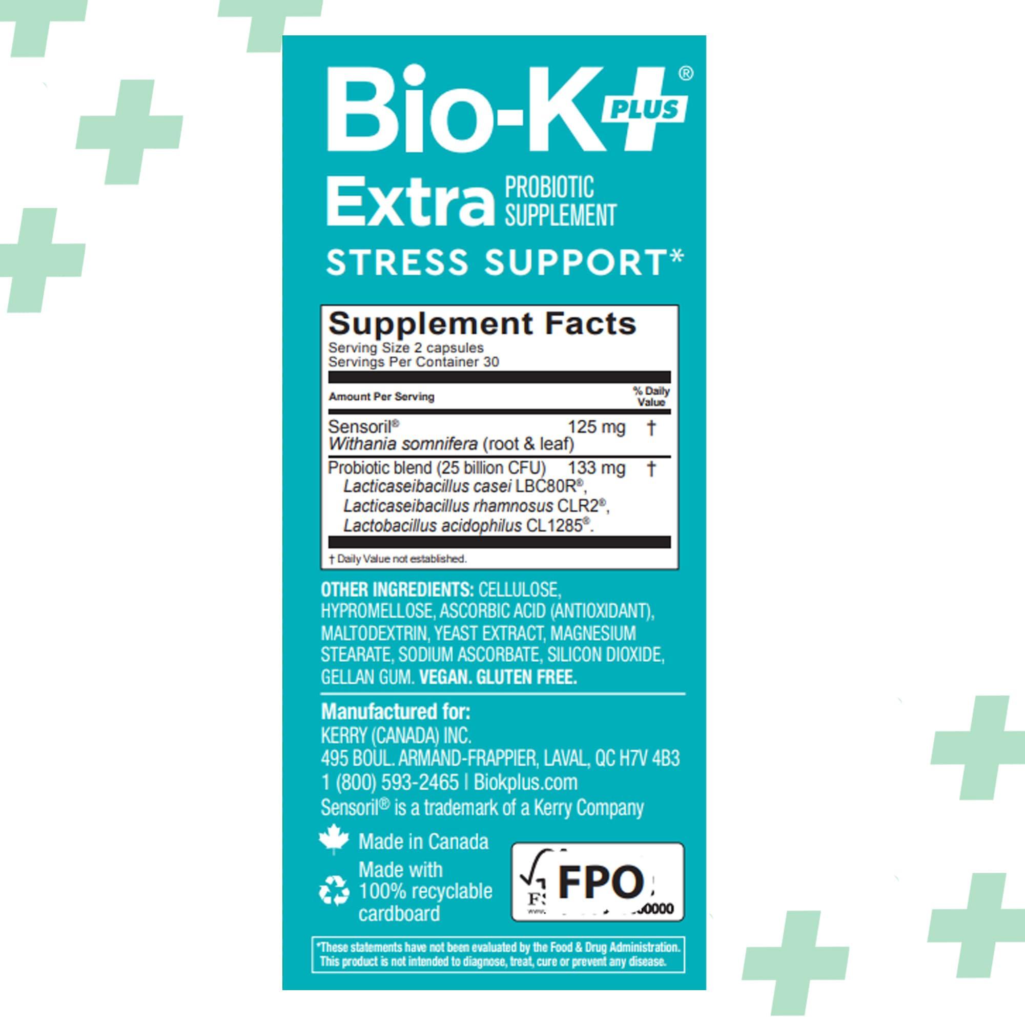 Bio-K Plus Bio K+ Extra Stress Support with Sensoril - Ashwagandha  Vegan Probiotics Supplement for Everyday Stress, Relieving Sleeplessness - 25 Billion CFU 3 Strains  60 Capsules